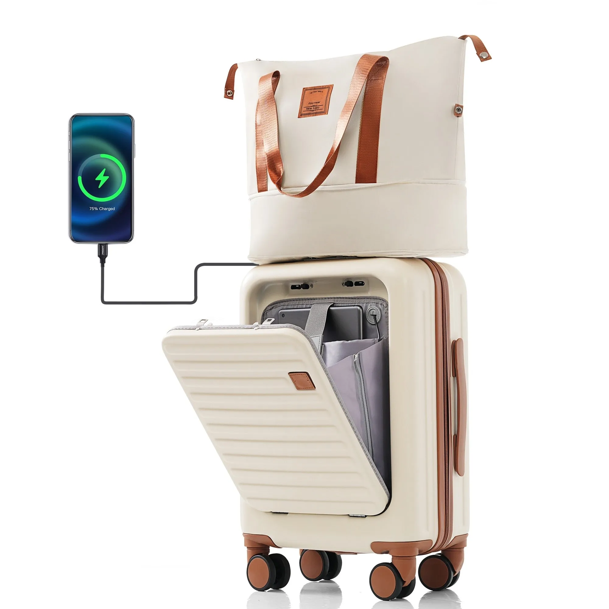 2 Pcs Luggage Set, 20" ABS Hard Shell Front Opening Spinner Luggage with USB Charging Ports & Cup Holder and Weekender Bag