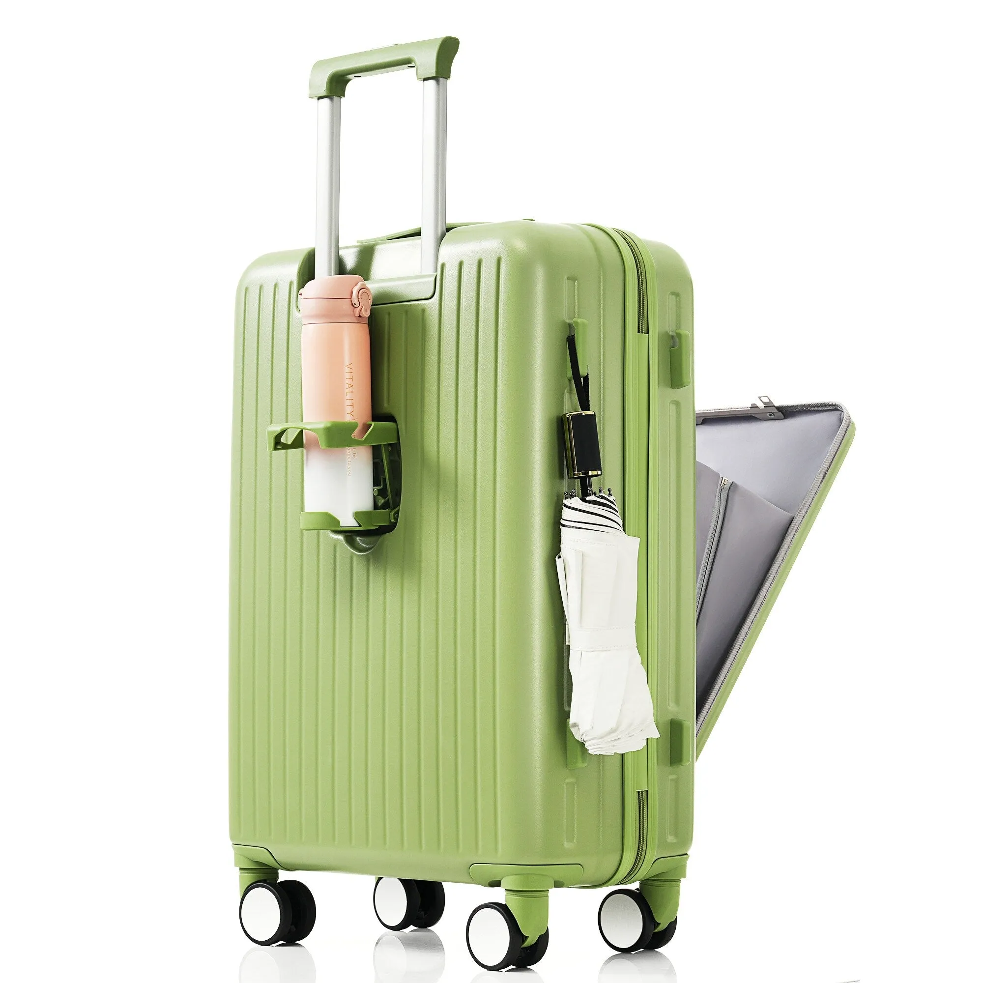 2 Pcs Luggage Set, 20" ABS Hard Shell Front Opening Spinner Luggage with USB Charging Ports & Cup Holder and Weekender Bag