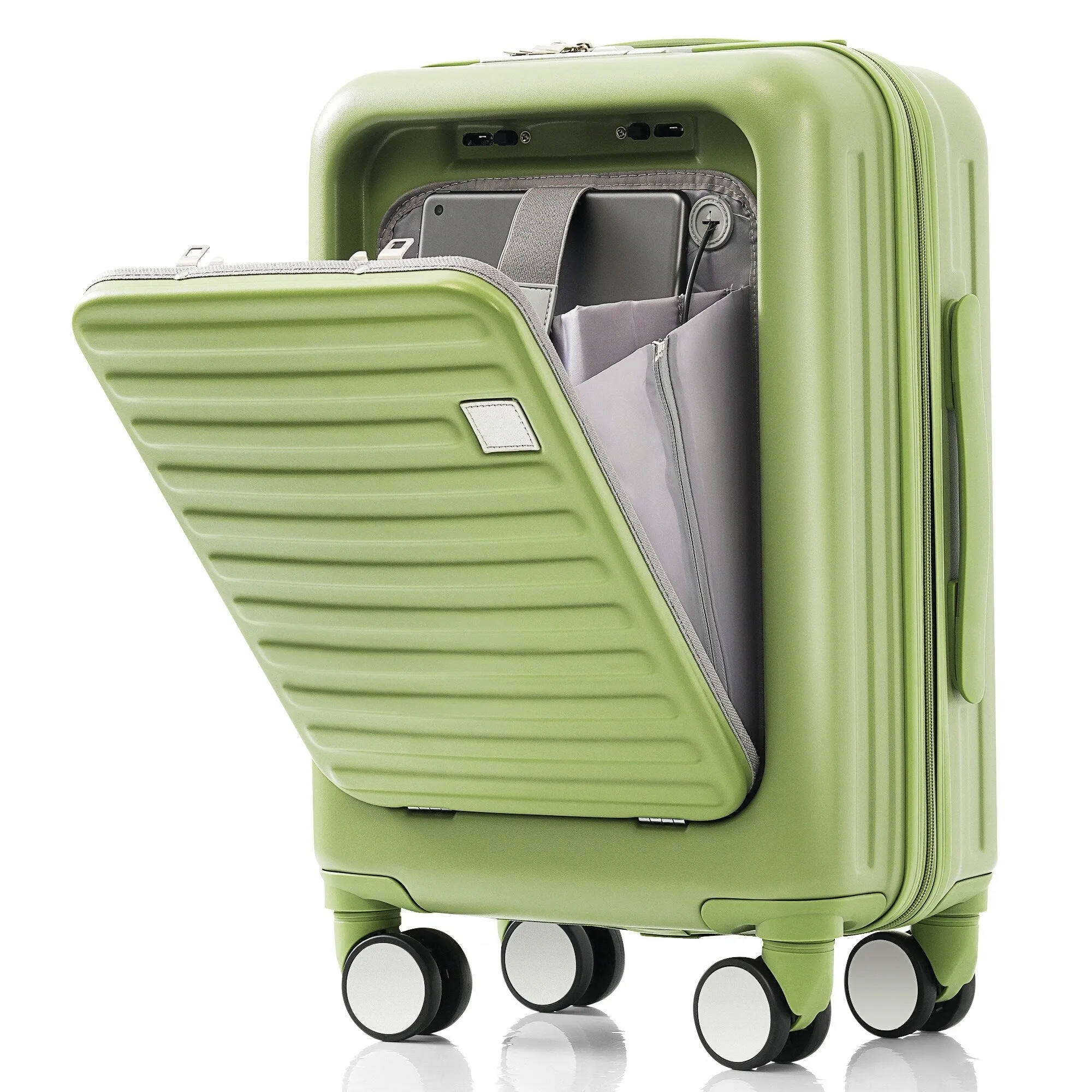 2 Pcs Luggage Set, 20" ABS Hard Shell Front Opening Spinner Luggage with USB Charging Ports & Cup Holder and Weekender Bag