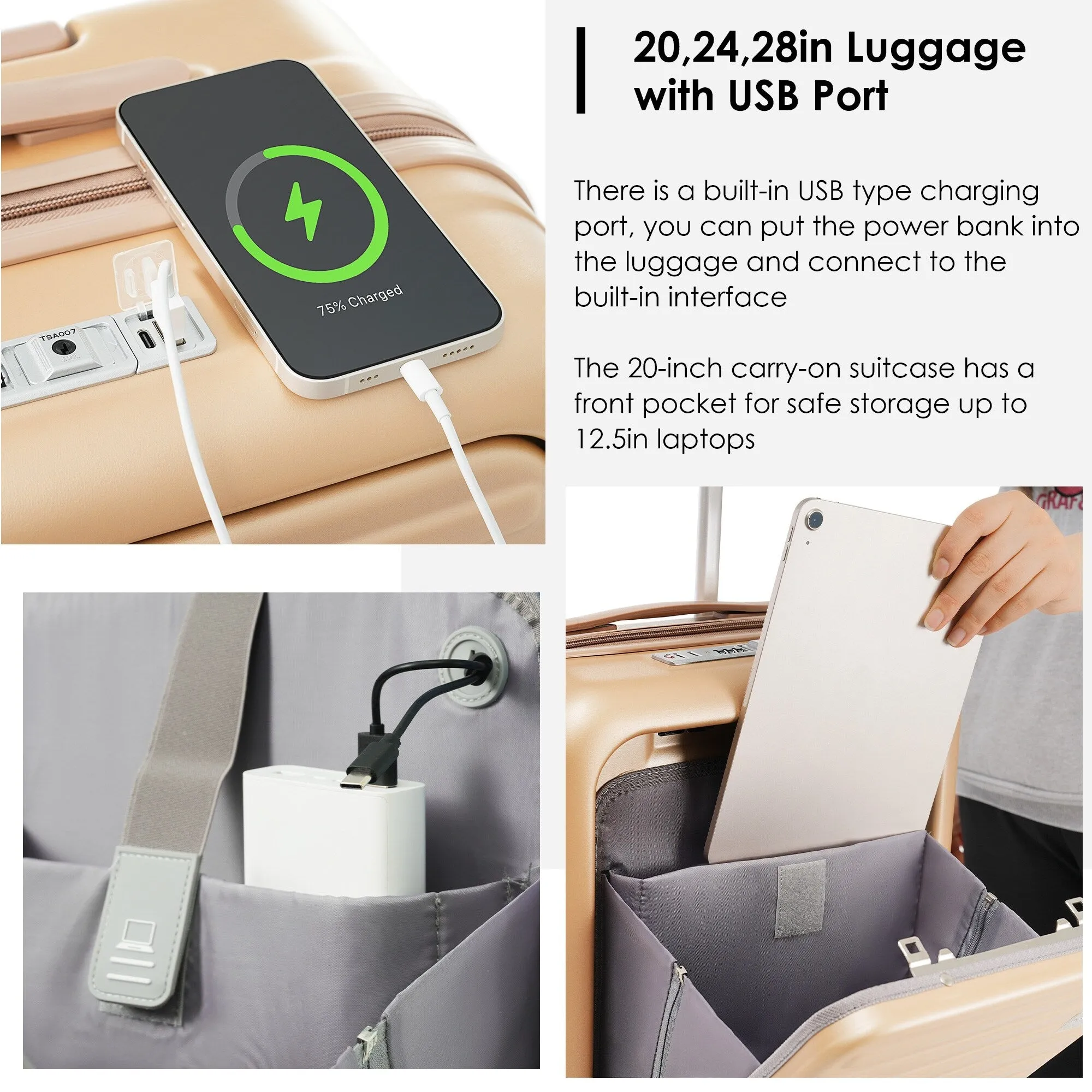 2 Pcs Luggage Set, 20" ABS Hard Shell Front Opening Spinner Luggage with USB Charging Ports & Cup Holder and Weekender Bag