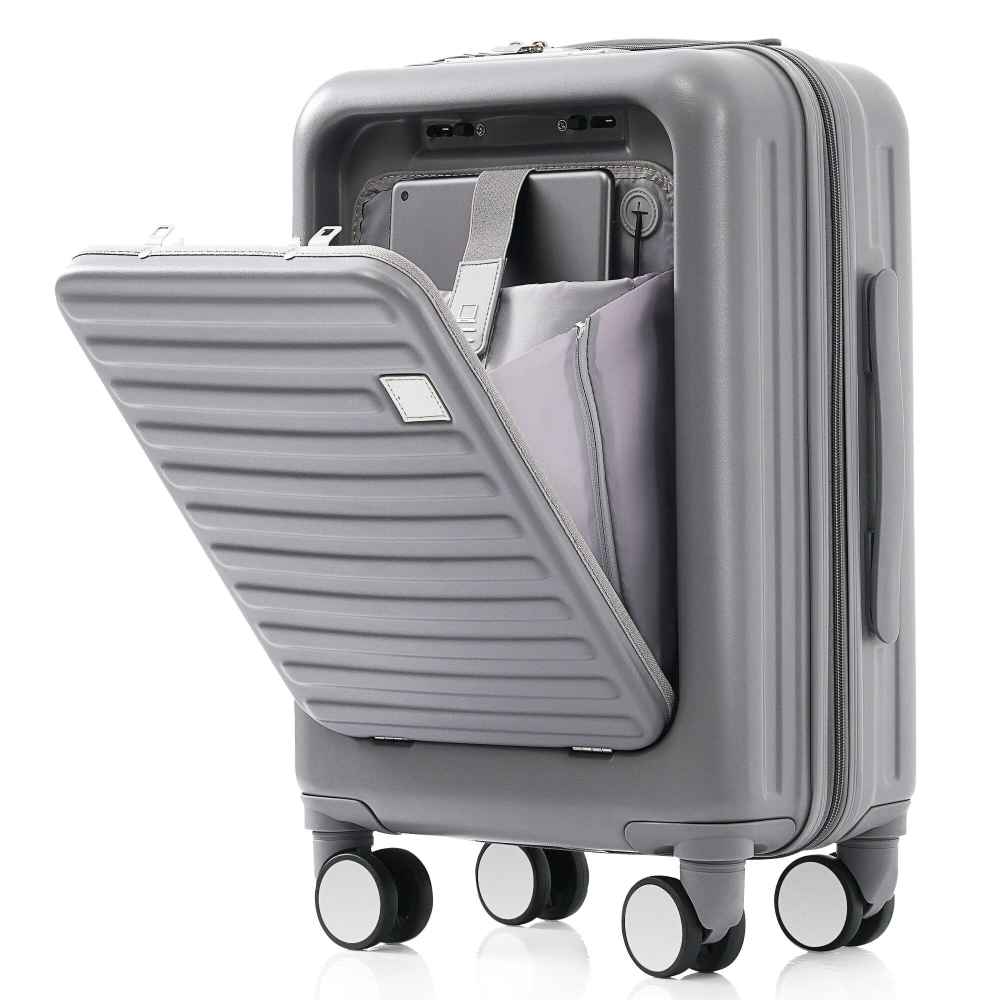 2 Pcs Luggage Set, 20" ABS Hard Shell Front Opening Spinner Luggage with USB Charging Ports & Cup Holder and Weekender Bag