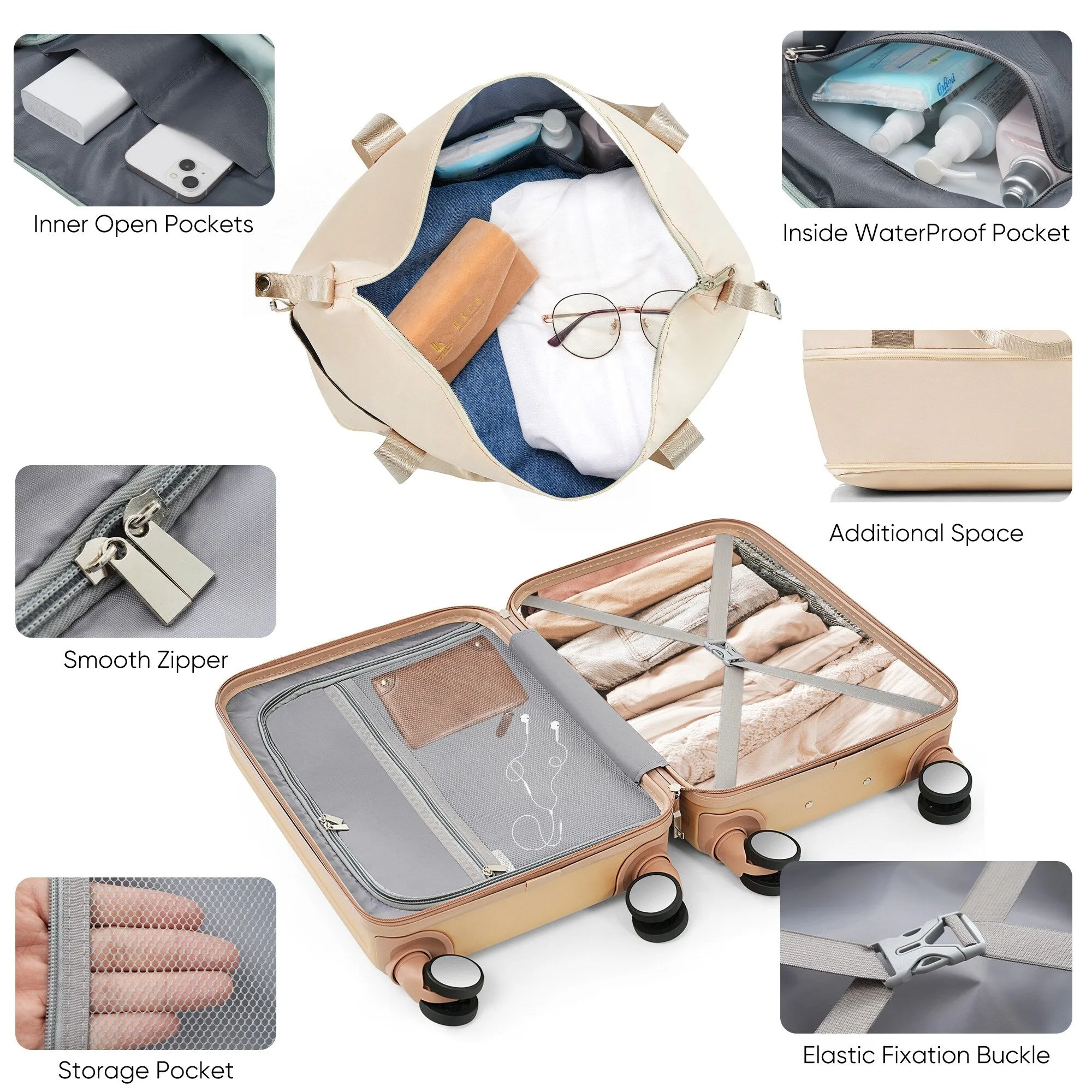 2 Pcs Luggage Set, 20" ABS Hard Shell Front Opening Spinner Luggage with USB Charging Ports & Cup Holder and Weekender Bag