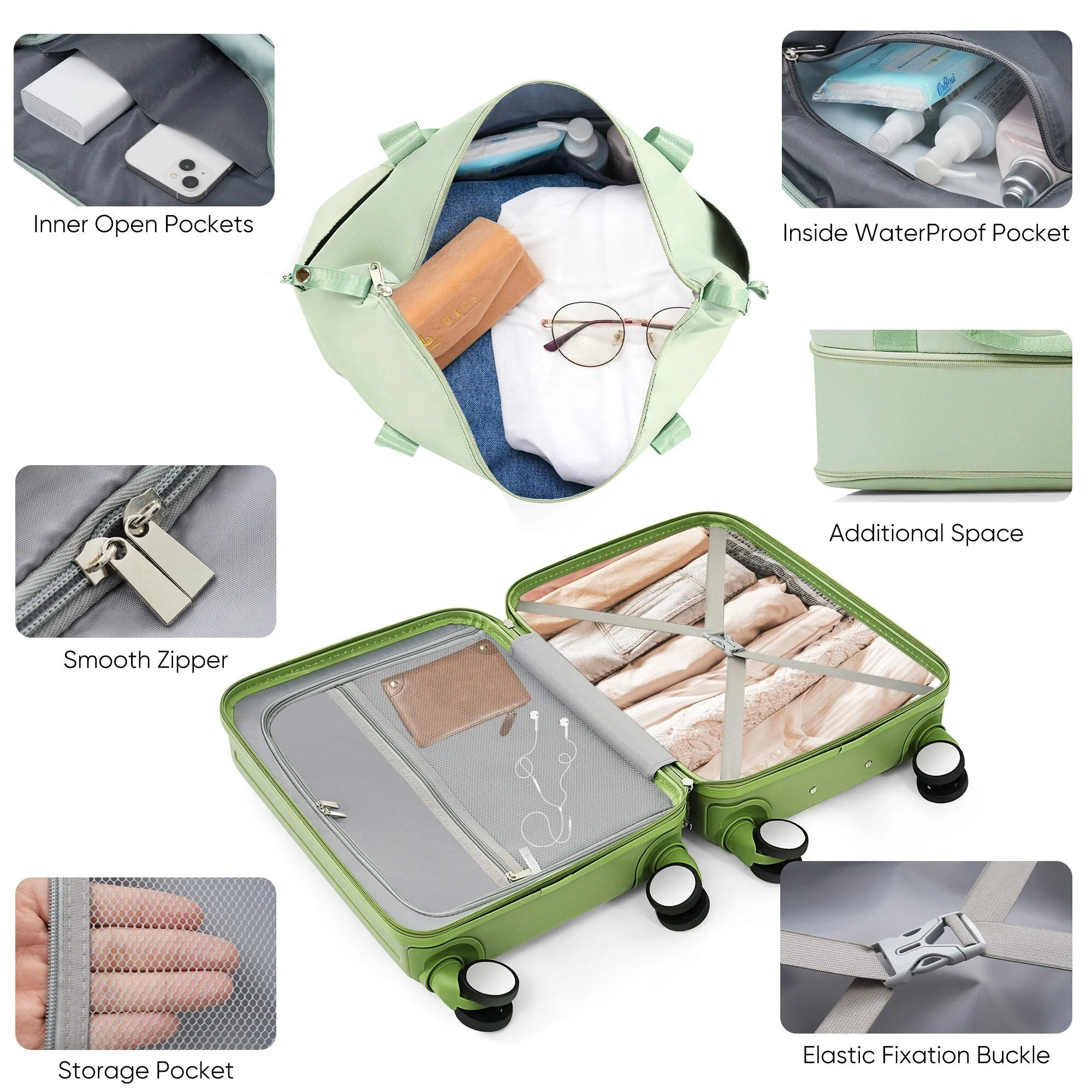 2 Pcs Luggage Set, 20" ABS Hard Shell Front Opening Spinner Luggage with USB Charging Ports & Cup Holder and Weekender Bag