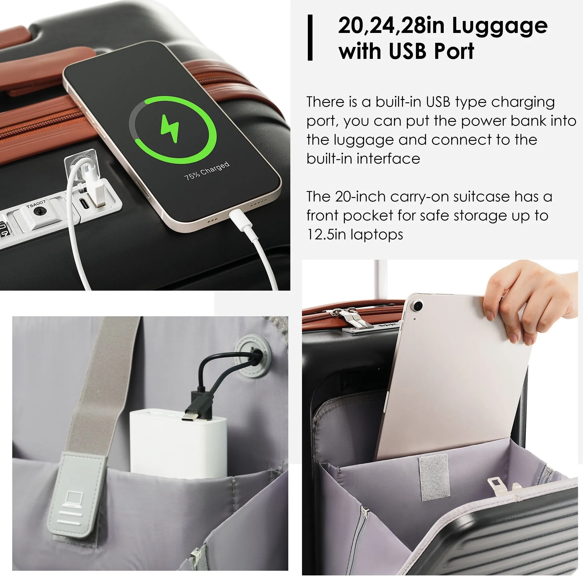 2 Pcs Luggage Set, 20" ABS Hard Shell Front Opening Spinner Luggage with USB Charging Ports & Cup Holder and Weekender Bag