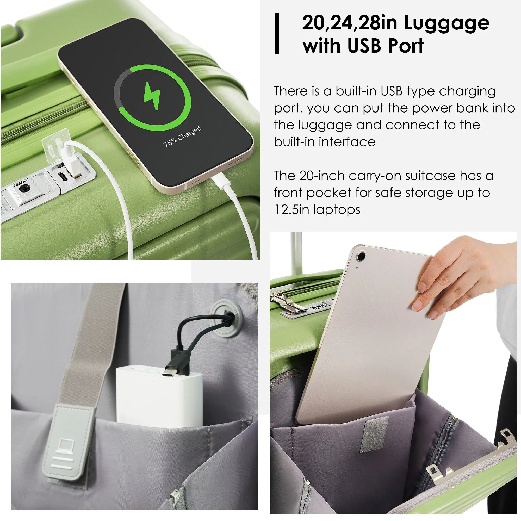 2 Pcs Luggage Set, 20" ABS Hard Shell Front Opening Spinner Luggage with USB Charging Ports & Cup Holder and Weekender Bag