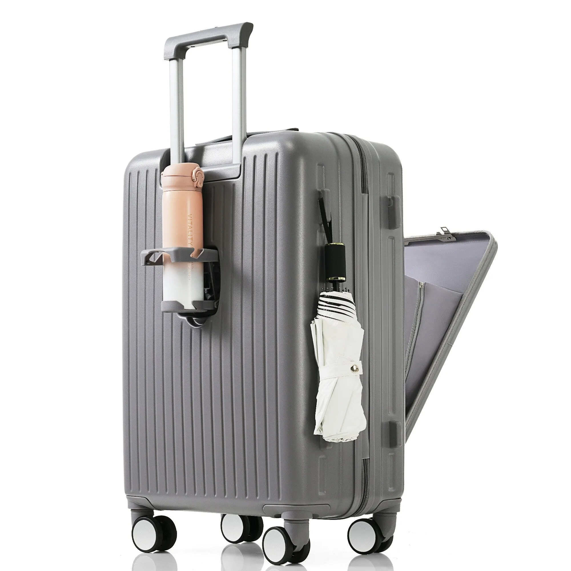 2 Pcs Luggage Set, 20" ABS Hard Shell Front Opening Spinner Luggage with USB Charging Ports & Cup Holder and Weekender Bag