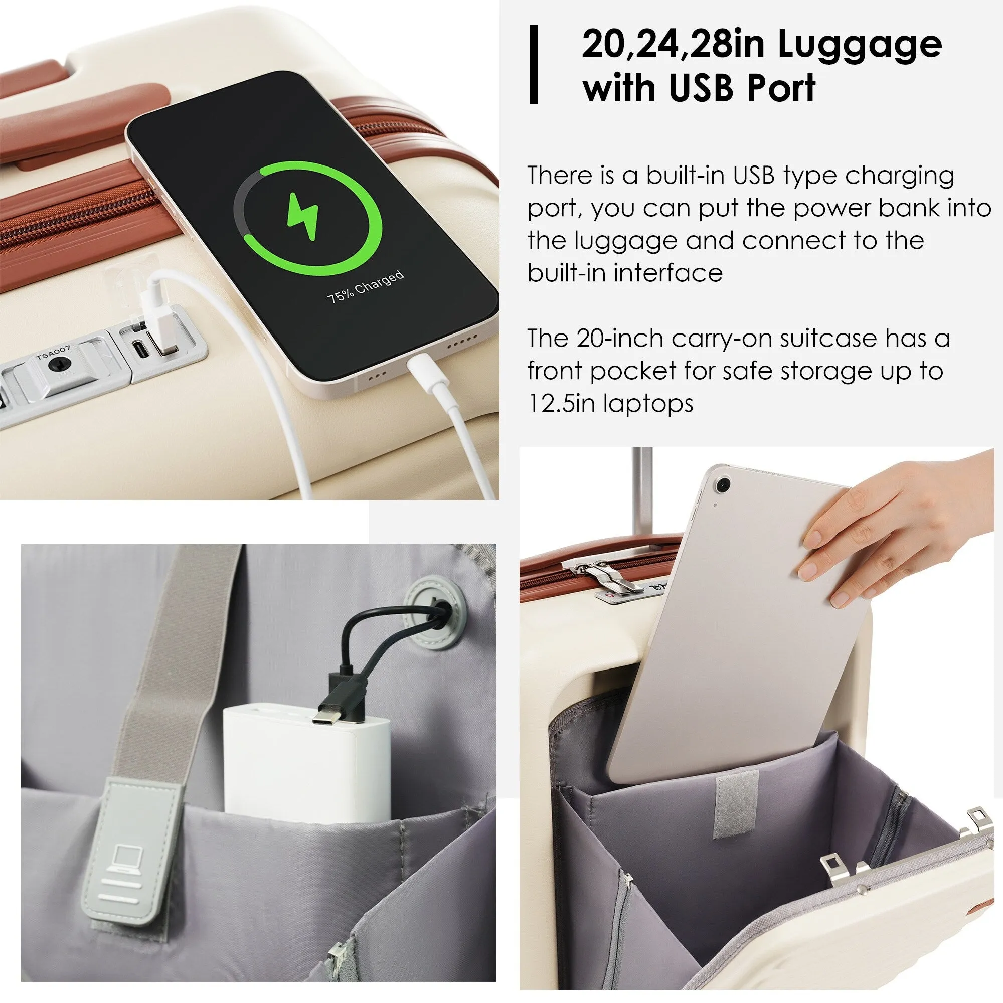 2 Pcs Luggage Set, 20" ABS Hard Shell Front Opening Spinner Luggage with USB Charging Ports & Cup Holder and Weekender Bag