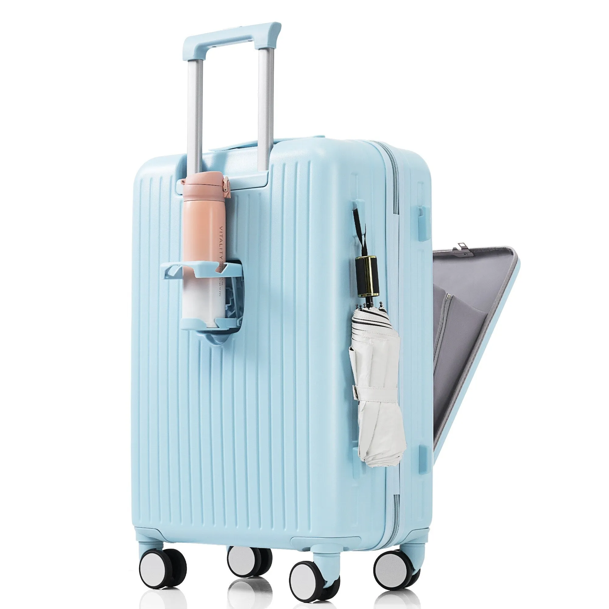 2 Pcs Luggage Set, 20" ABS Hard Shell Front Opening Spinner Luggage with USB Charging Ports & Cup Holder and Weekender Bag