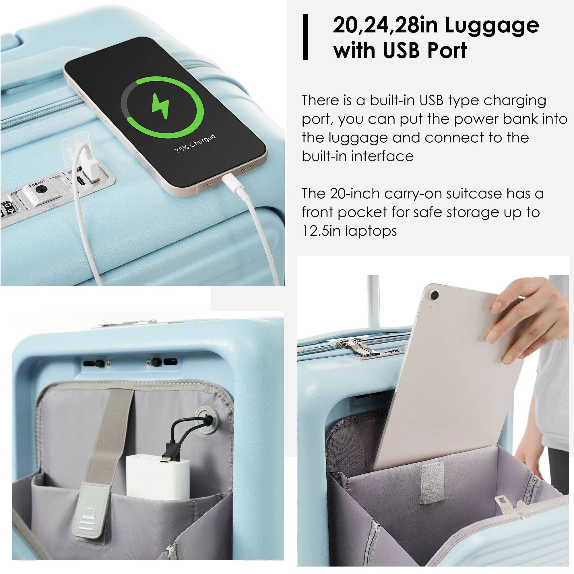2 Pcs Luggage Set, 20" ABS Hard Shell Front Opening Spinner Luggage with USB Charging Ports & Cup Holder and Weekender Bag