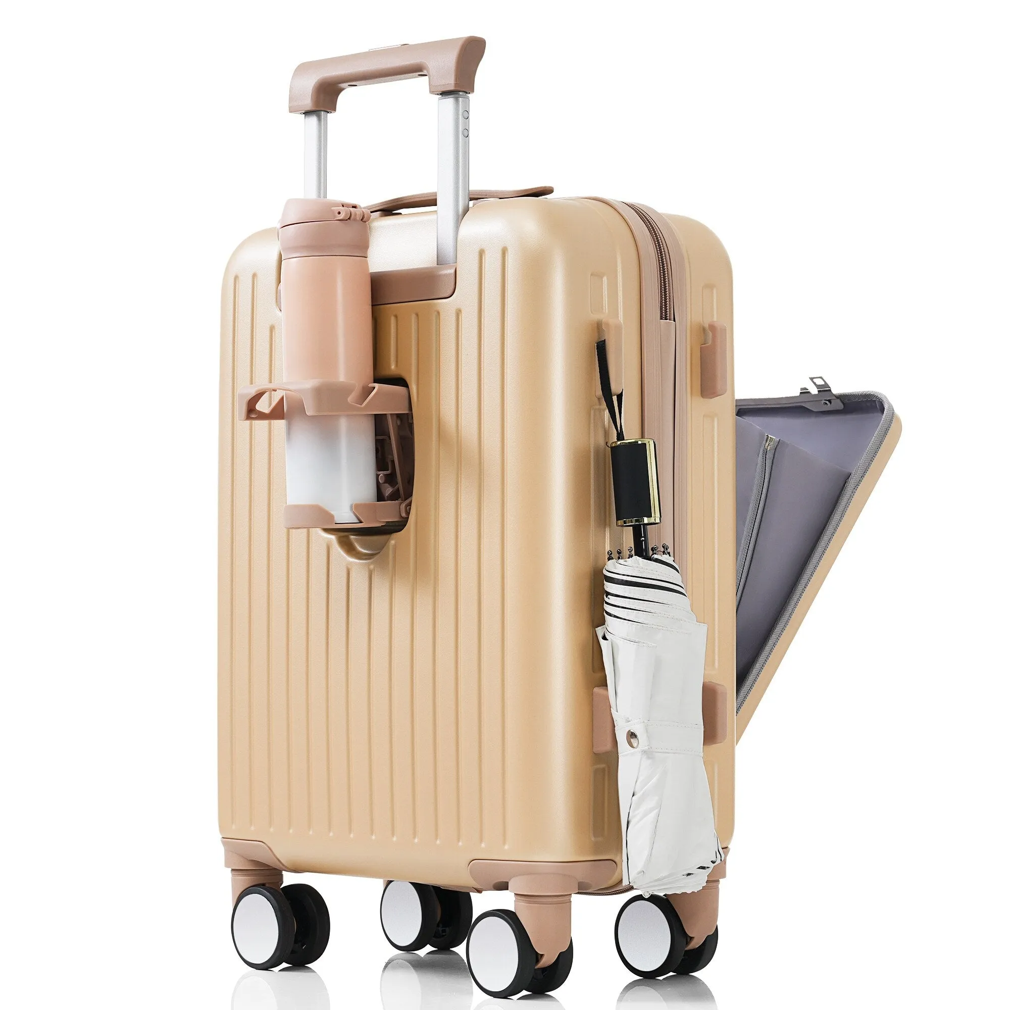 2 Pcs Luggage Set, 20" ABS Hard Shell Front Opening Spinner Luggage with USB Charging Ports & Cup Holder and Weekender Bag