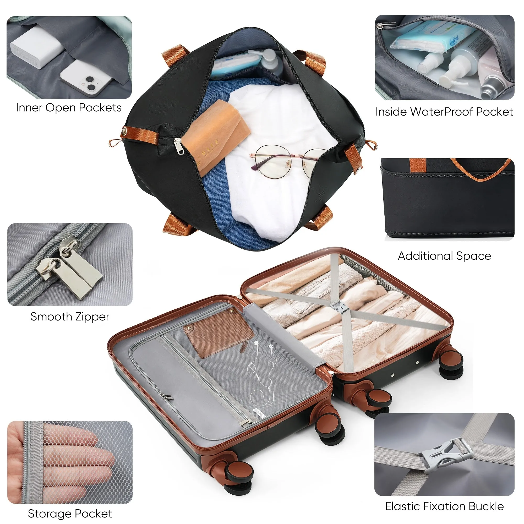 2 Pcs Luggage Set, 20" ABS Hard Shell Front Opening Spinner Luggage with USB Charging Ports & Cup Holder and Weekender Bag
