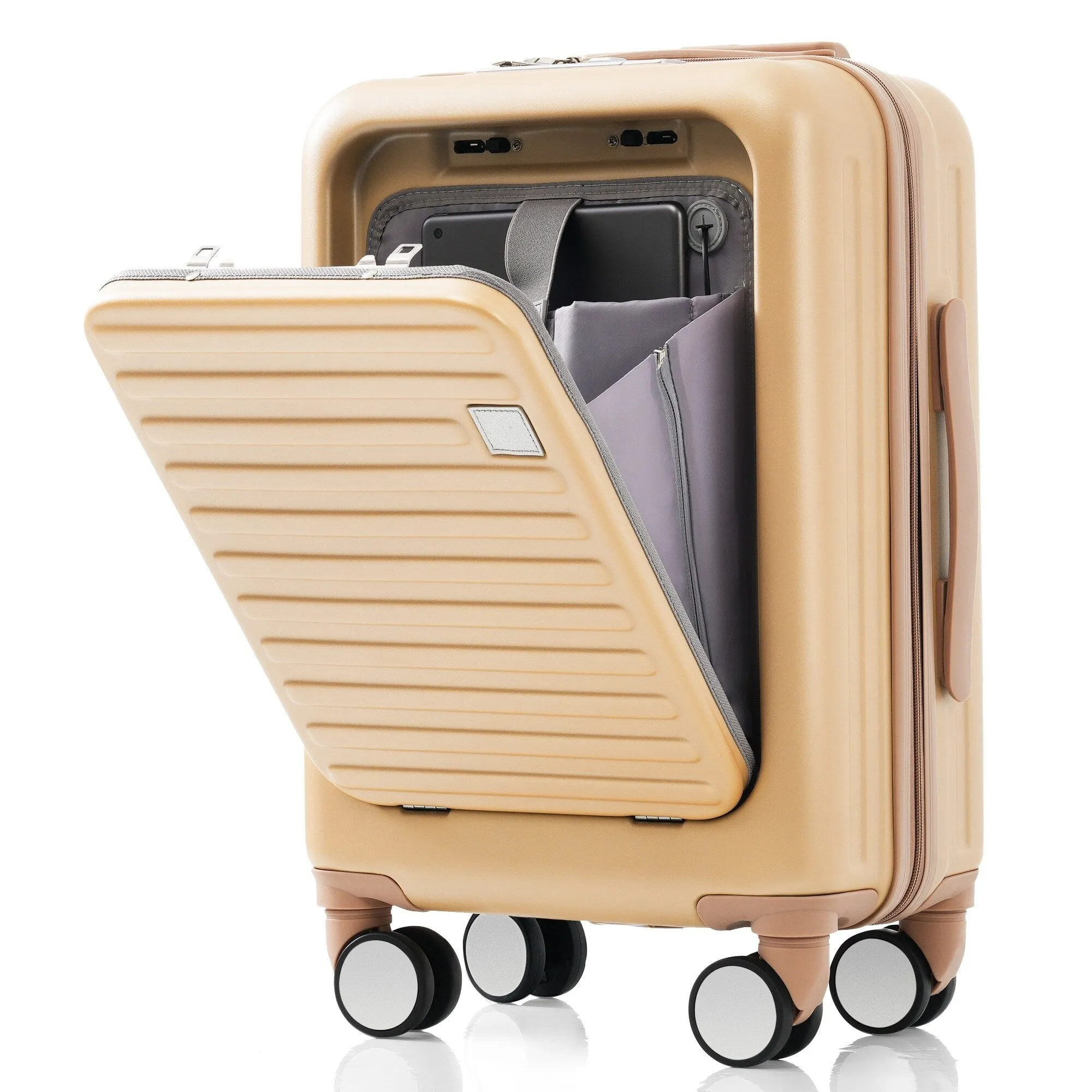 2 Pcs Luggage Set, 20" ABS Hard Shell Front Opening Spinner Luggage with USB Charging Ports & Cup Holder and Weekender Bag