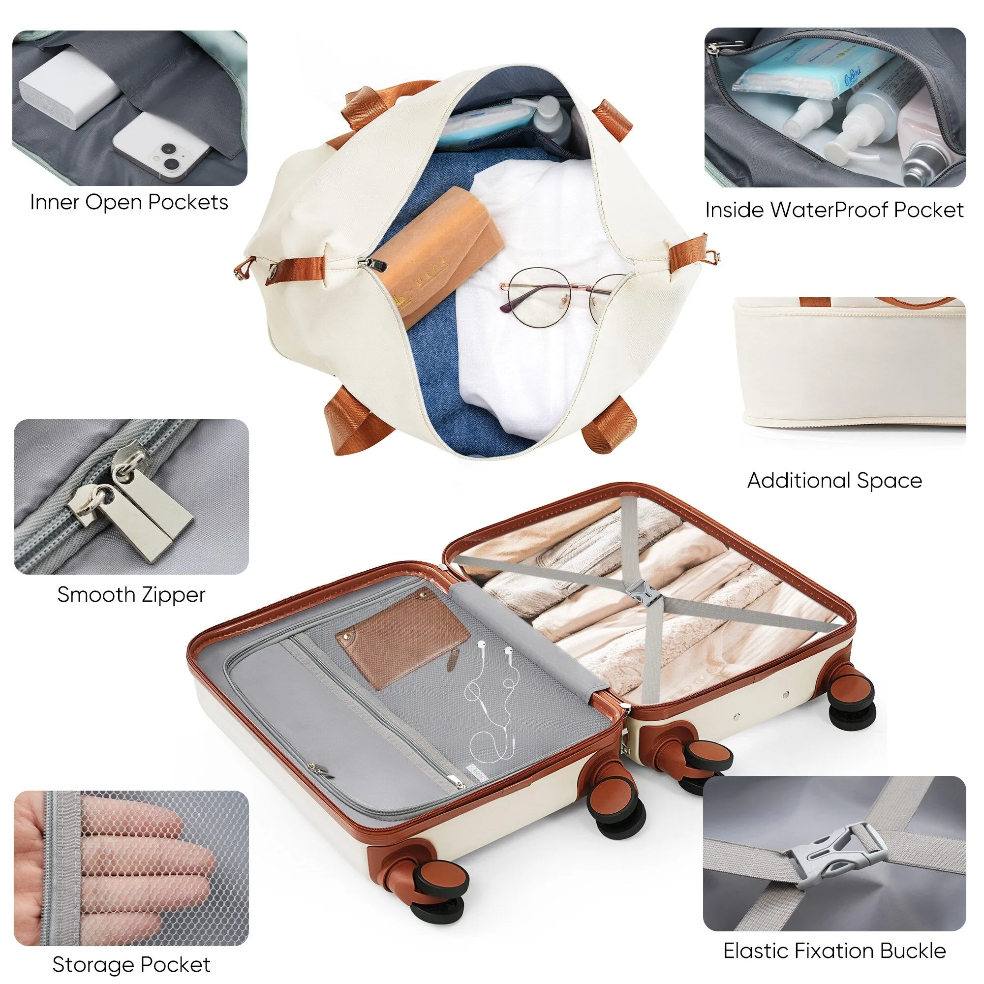 2 Pcs Luggage Set, 20" ABS Hard Shell Front Opening Spinner Luggage with USB Charging Ports & Cup Holder and Weekender Bag