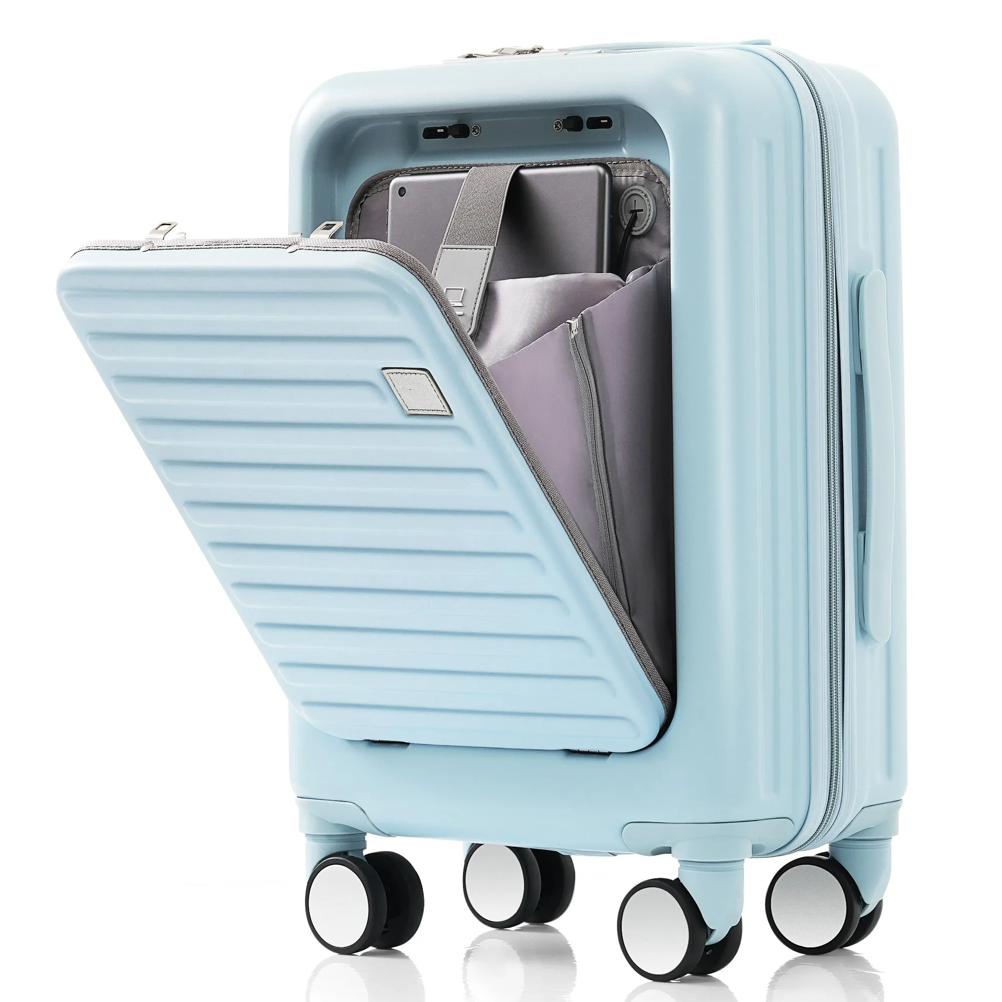 2 Pcs Luggage Set, 20" ABS Hard Shell Front Opening Spinner Luggage with USB Charging Ports & Cup Holder and Weekender Bag