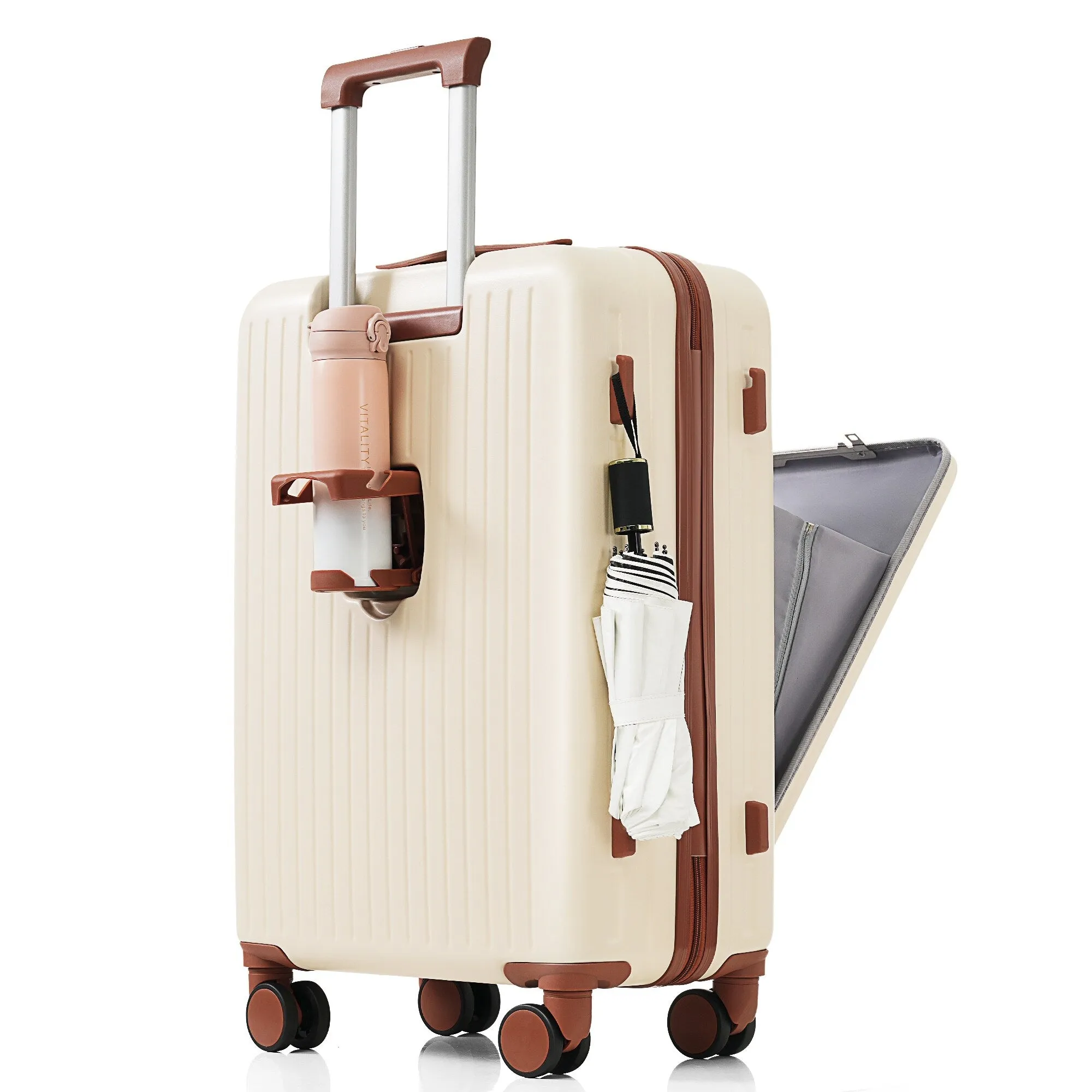 2 Pcs Luggage Set, 20" ABS Hard Shell Front Opening Spinner Luggage with USB Charging Ports & Cup Holder and Weekender Bag