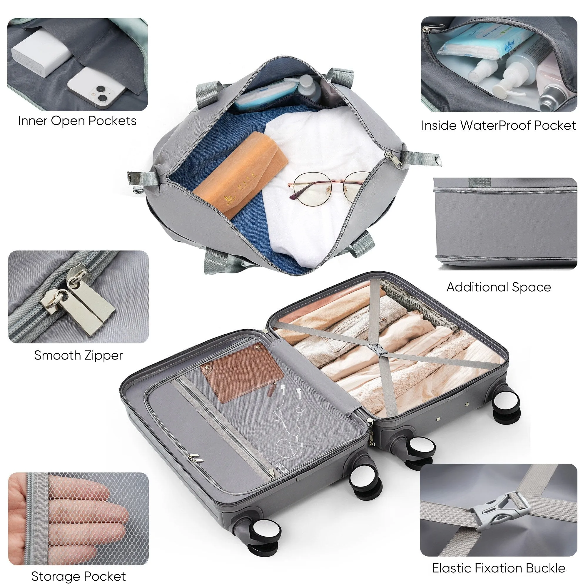 2 Pcs Luggage Set, 20" ABS Hard Shell Front Opening Spinner Luggage with USB Charging Ports & Cup Holder and Weekender Bag