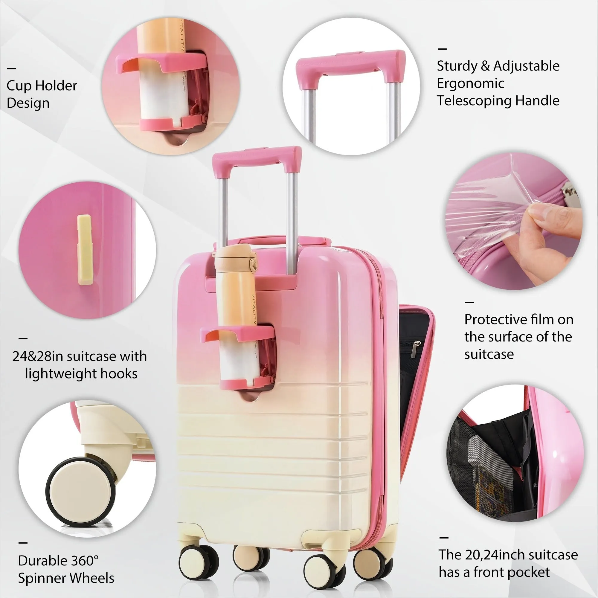 20/24/28inch Luggage Set with Spinner Wheels and USB Port & Cup Holder