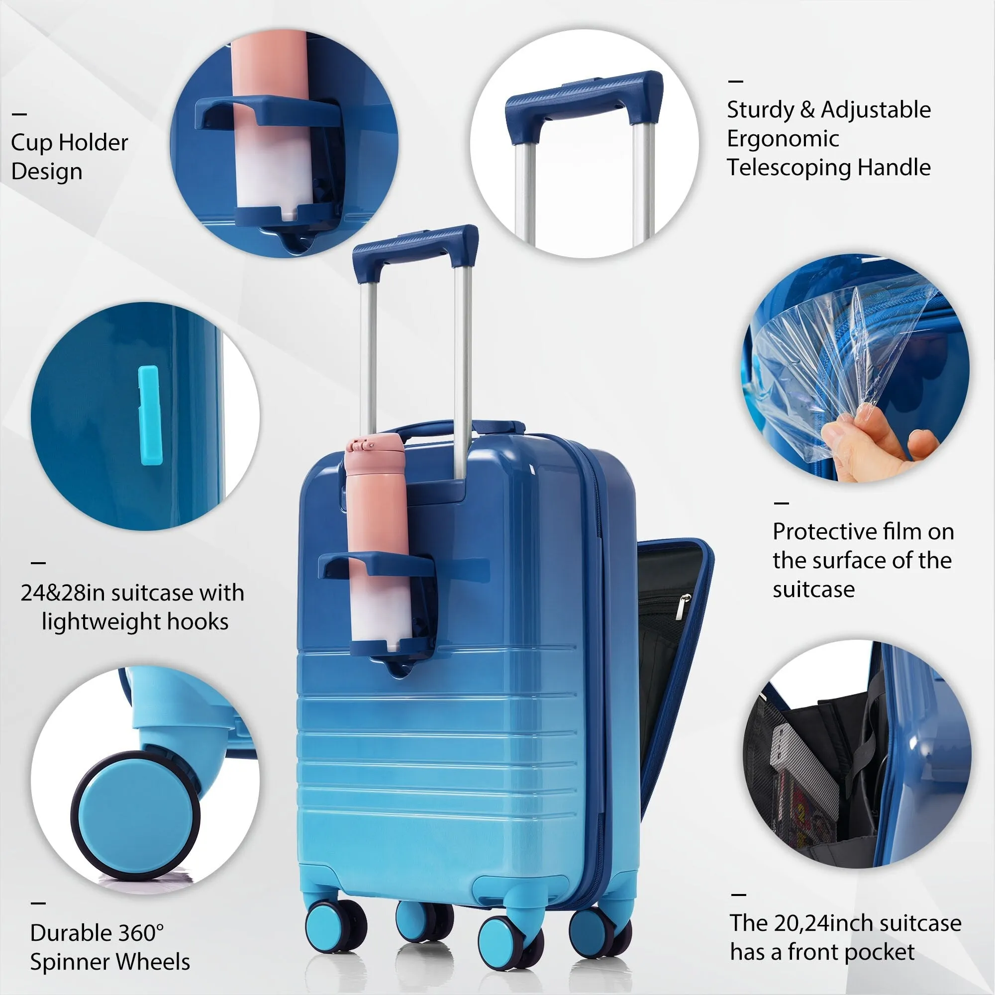 20/24/28inch Luggage Set with Spinner Wheels and USB Port & Cup Holder