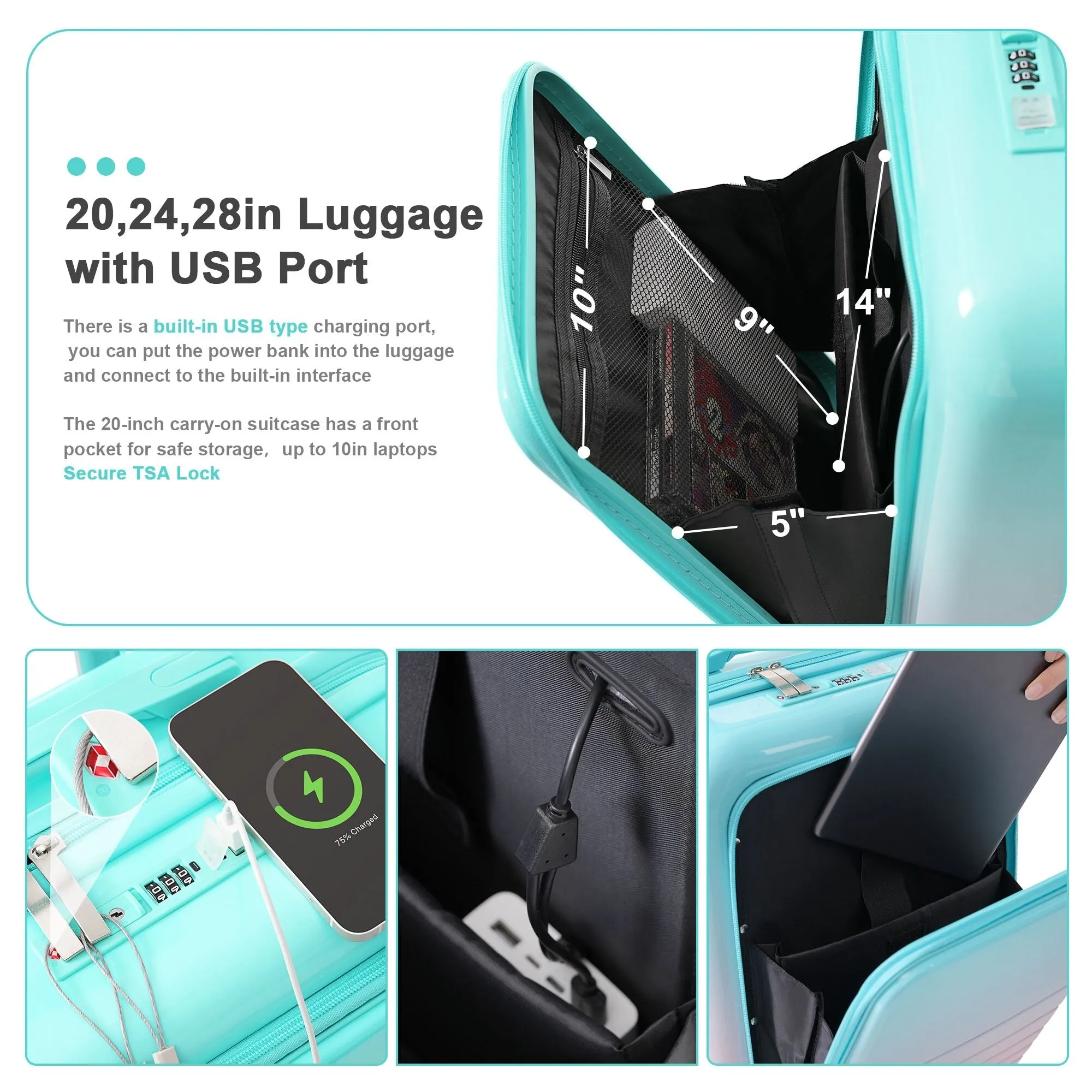 20/24/28inch Luggage Set with Spinner Wheels and USB Port & Cup Holder