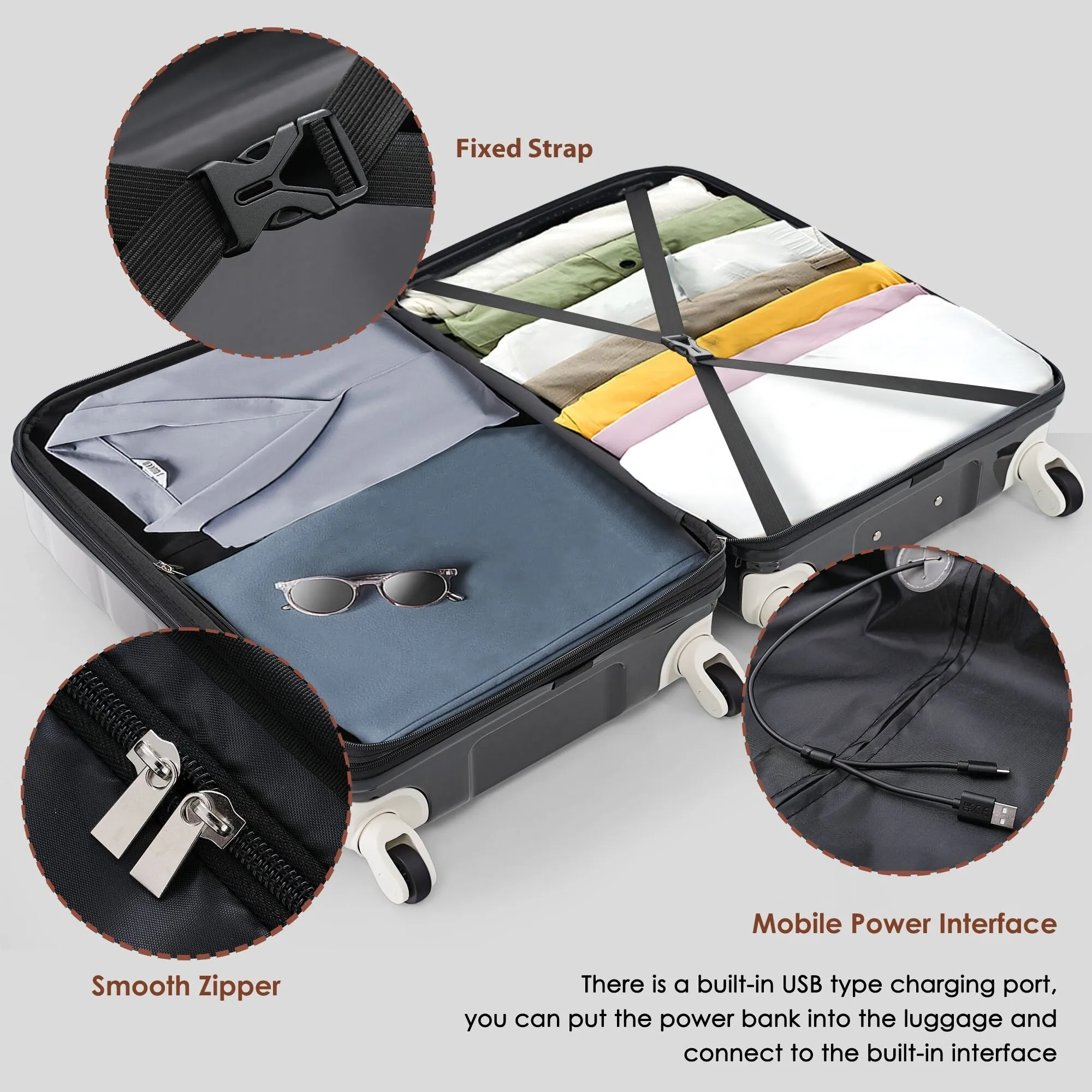 3 Piece Luggage Set with USB Port and Spinner Wheels, Hardsided Lightweight Suitcase with Mesh Pockets