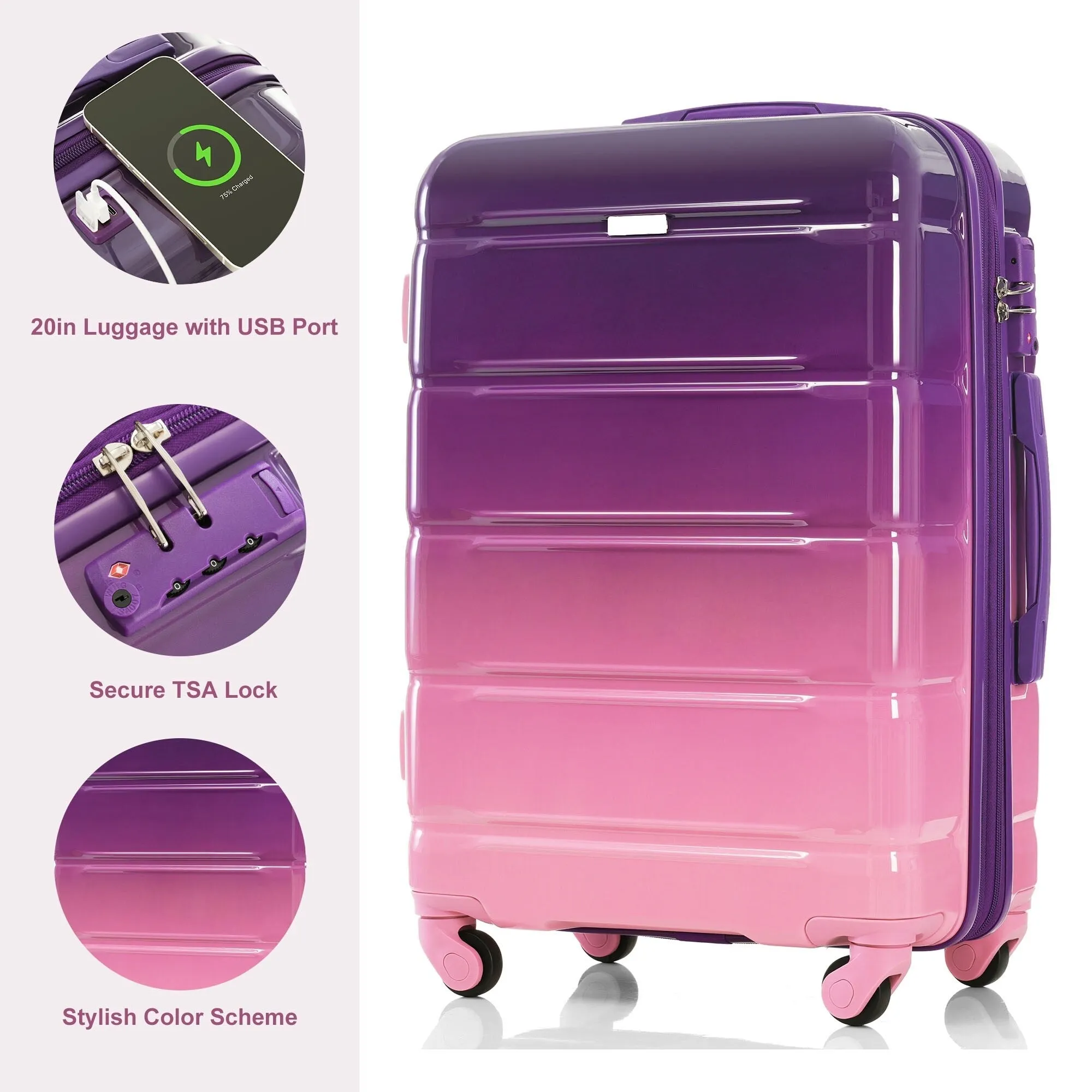 3 Piece Luggage Set with USB Port and Spinner Wheels, Hardsided Lightweight Suitcase with Mesh Pockets