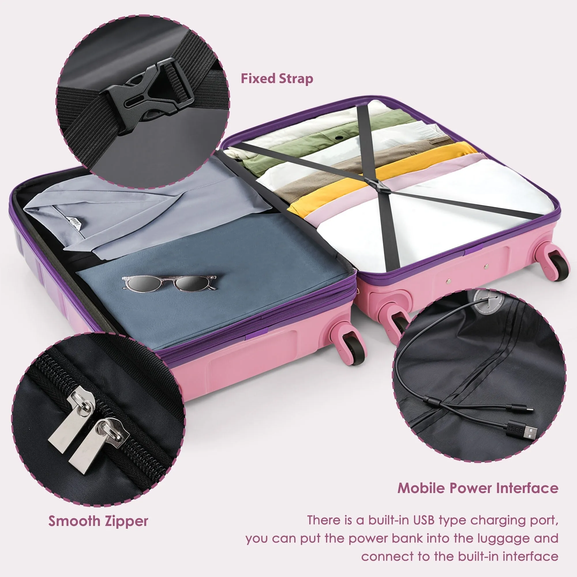3 Piece Luggage Set with USB Port and Spinner Wheels, Hardsided Lightweight Suitcase with Mesh Pockets