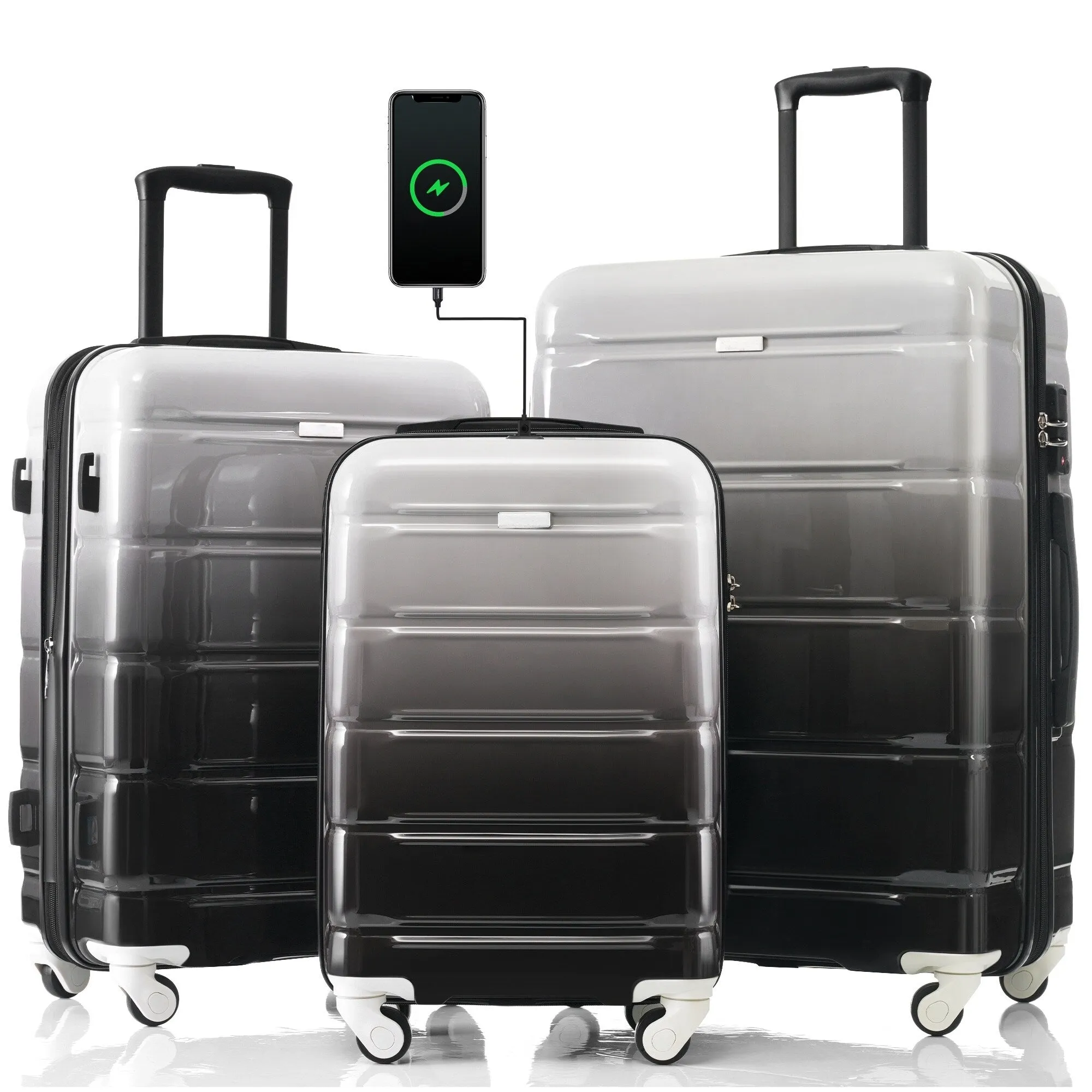 3 Piece Luggage Set with USB Port and Spinner Wheels, Hardsided Lightweight Suitcase with Mesh Pockets