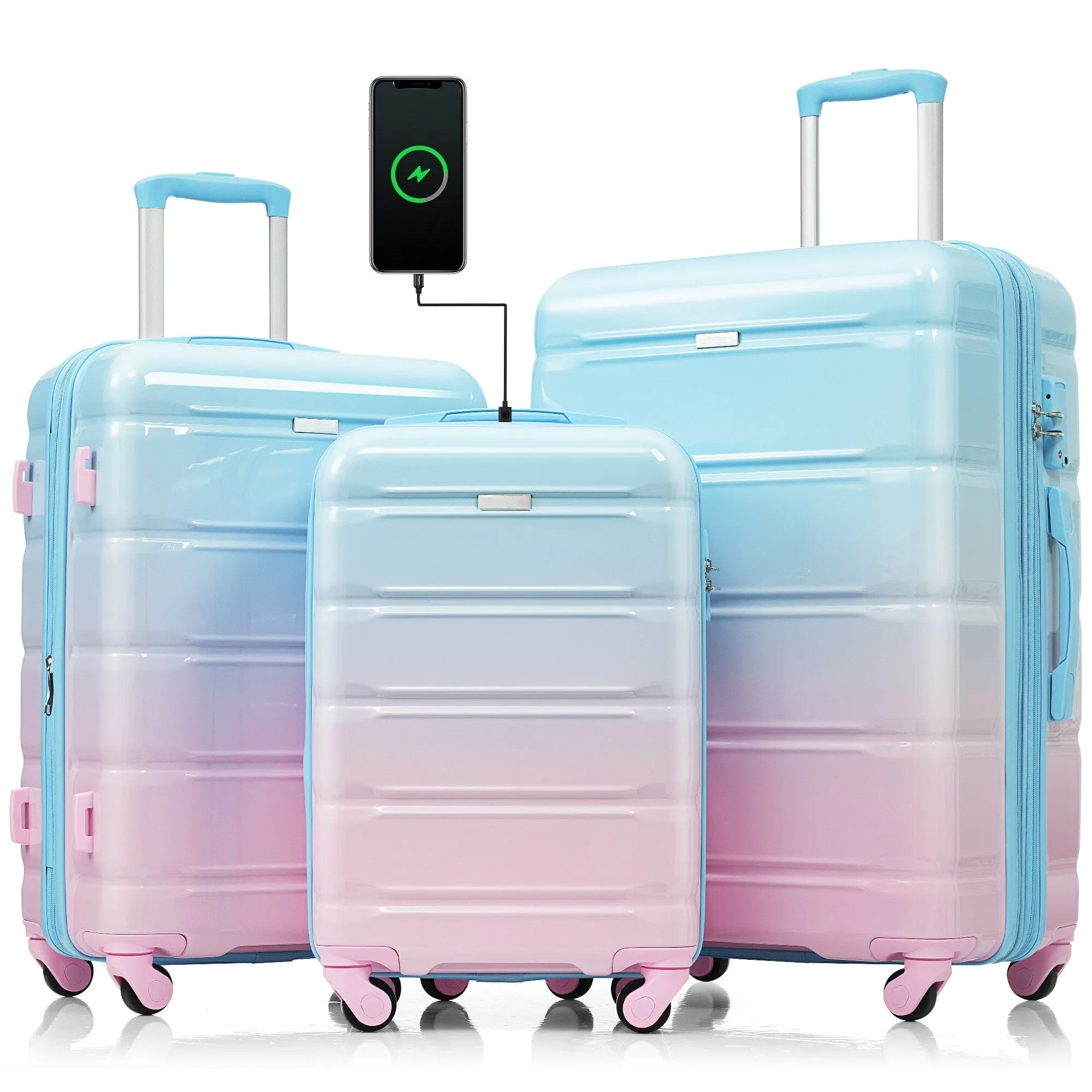 3 Piece Luggage Set with USB Port and Spinner Wheels, Hardsided Lightweight Suitcase with Mesh Pockets