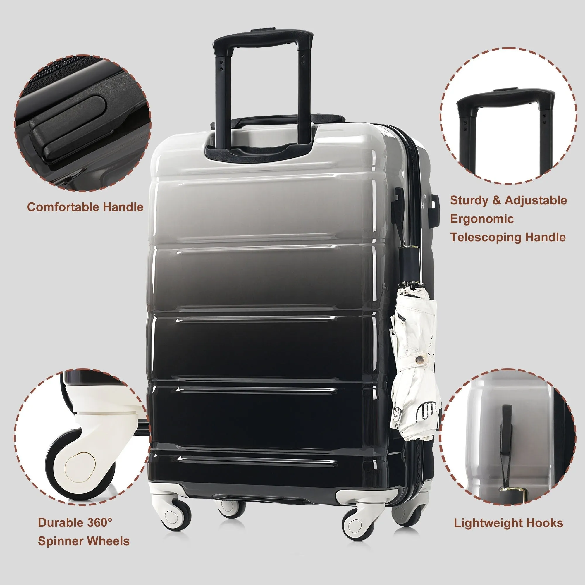 3 Piece Luggage Set with USB Port and Spinner Wheels, Hardsided Lightweight Suitcase with Mesh Pockets