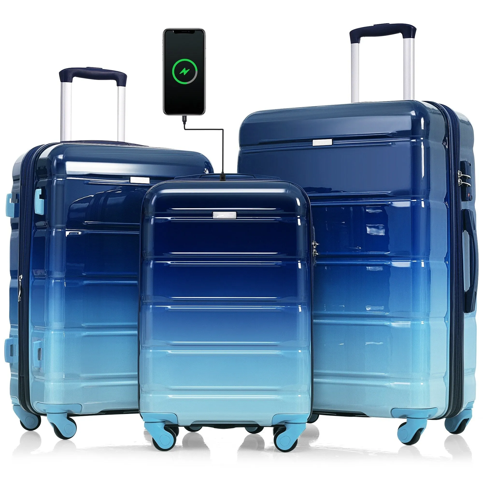 3 Piece Luggage Set with USB Port and Spinner Wheels, Hardsided Lightweight Suitcase with Mesh Pockets