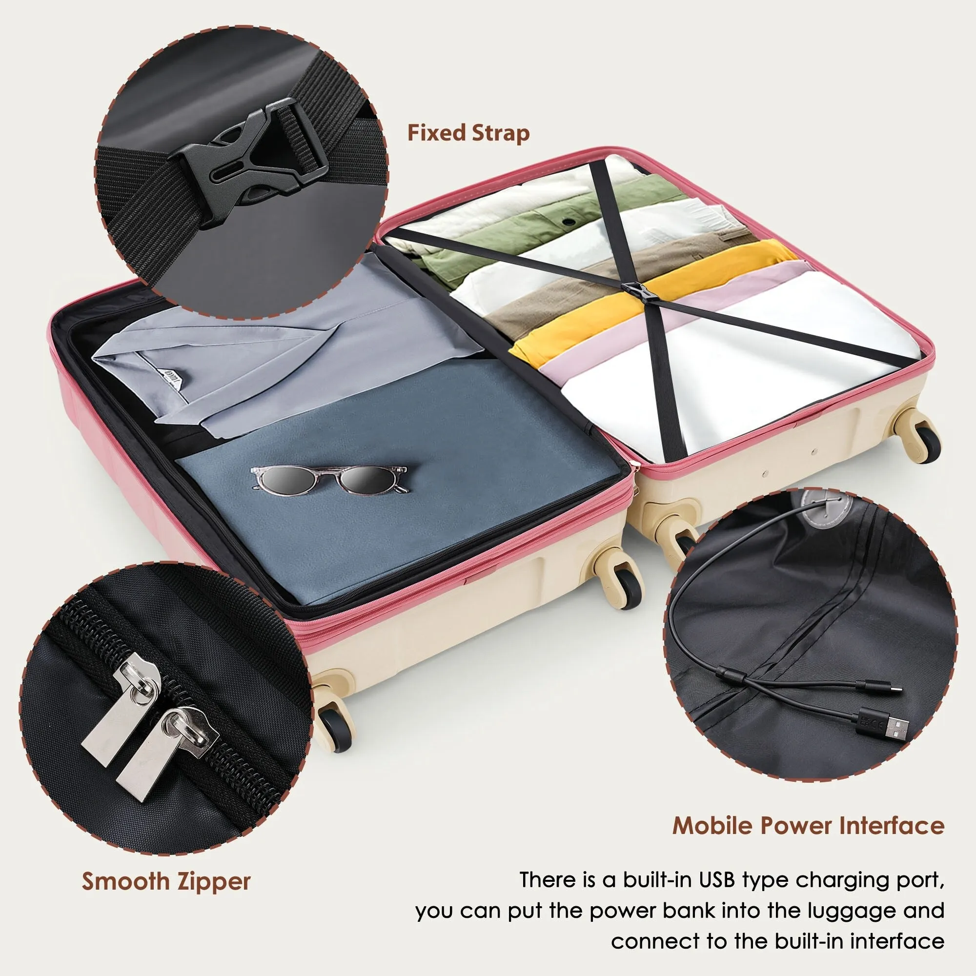 3 Piece Luggage Set with USB Port and Spinner Wheels, Hardsided Lightweight Suitcase with Mesh Pockets