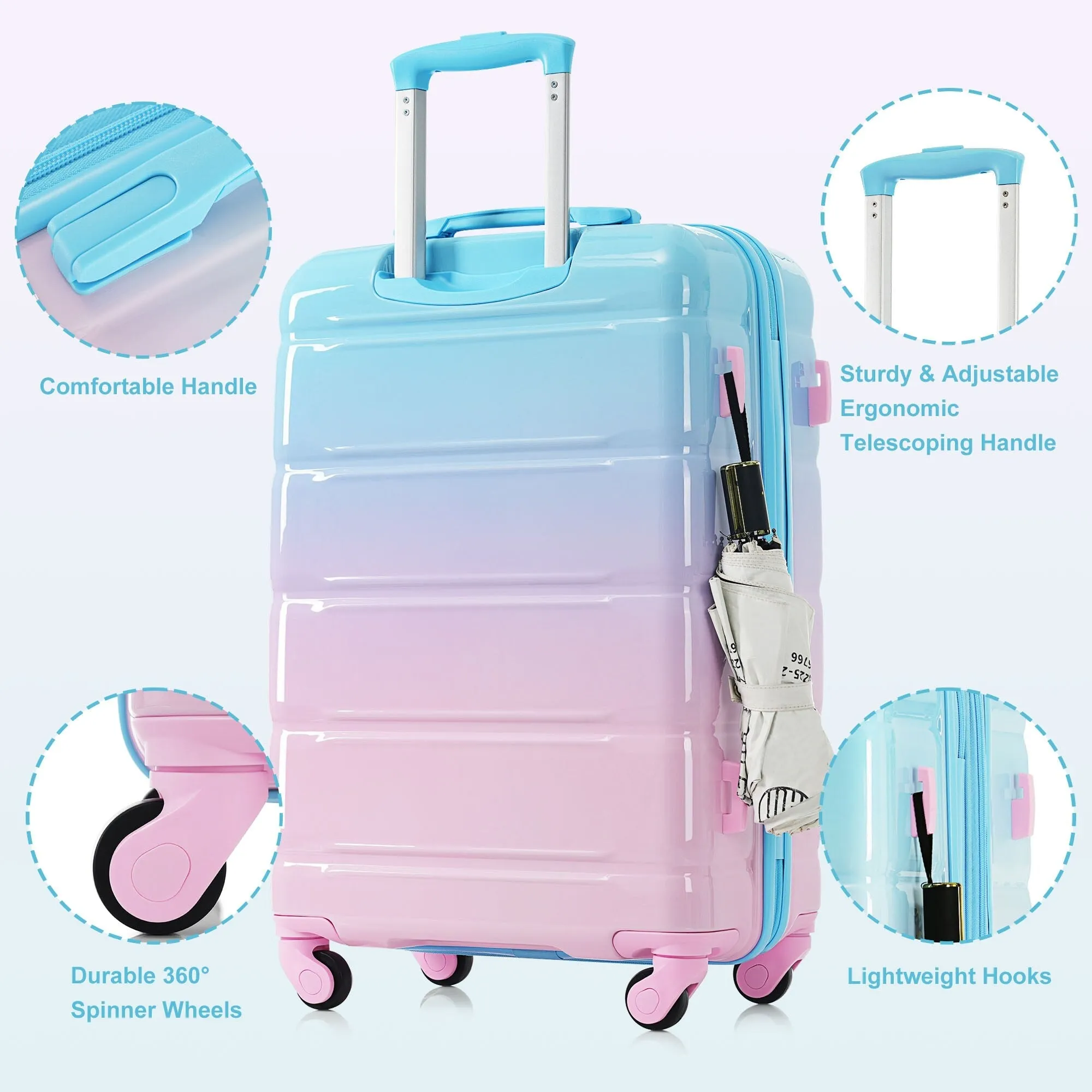 3 Piece Luggage Set with USB Port and Spinner Wheels, Hardsided Lightweight Suitcase with Mesh Pockets