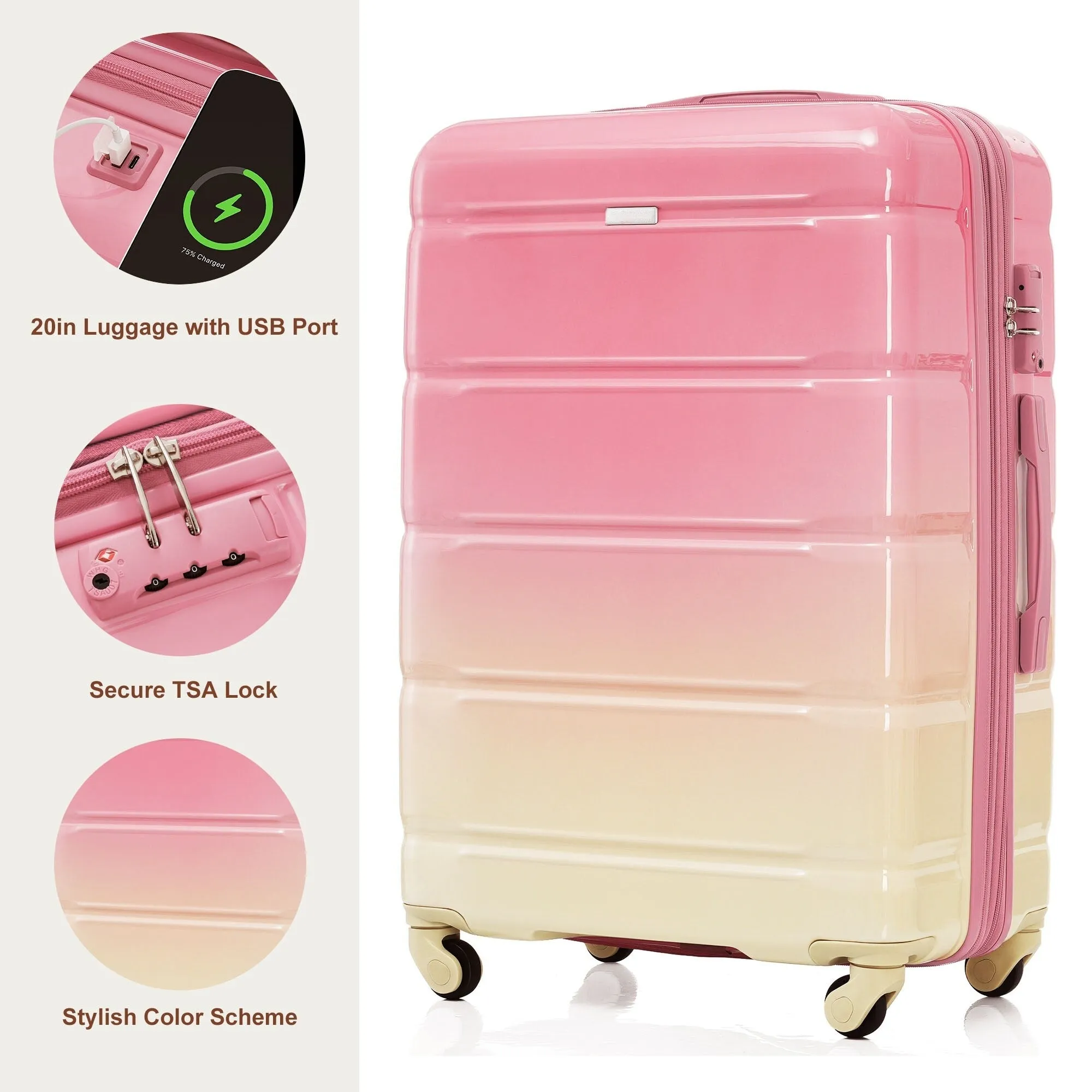 3 Piece Luggage Set with USB Port and Spinner Wheels, Hardsided Lightweight Suitcase with Mesh Pockets