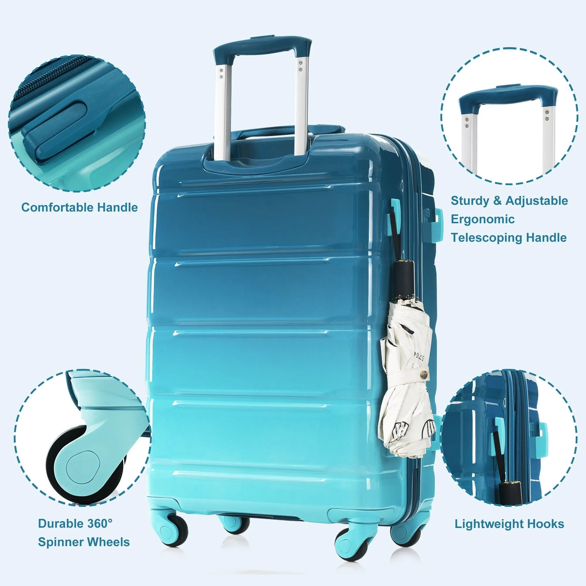 3 Piece Luggage Set with USB Port and Spinner Wheels, Hardsided Lightweight Suitcase with Mesh Pockets