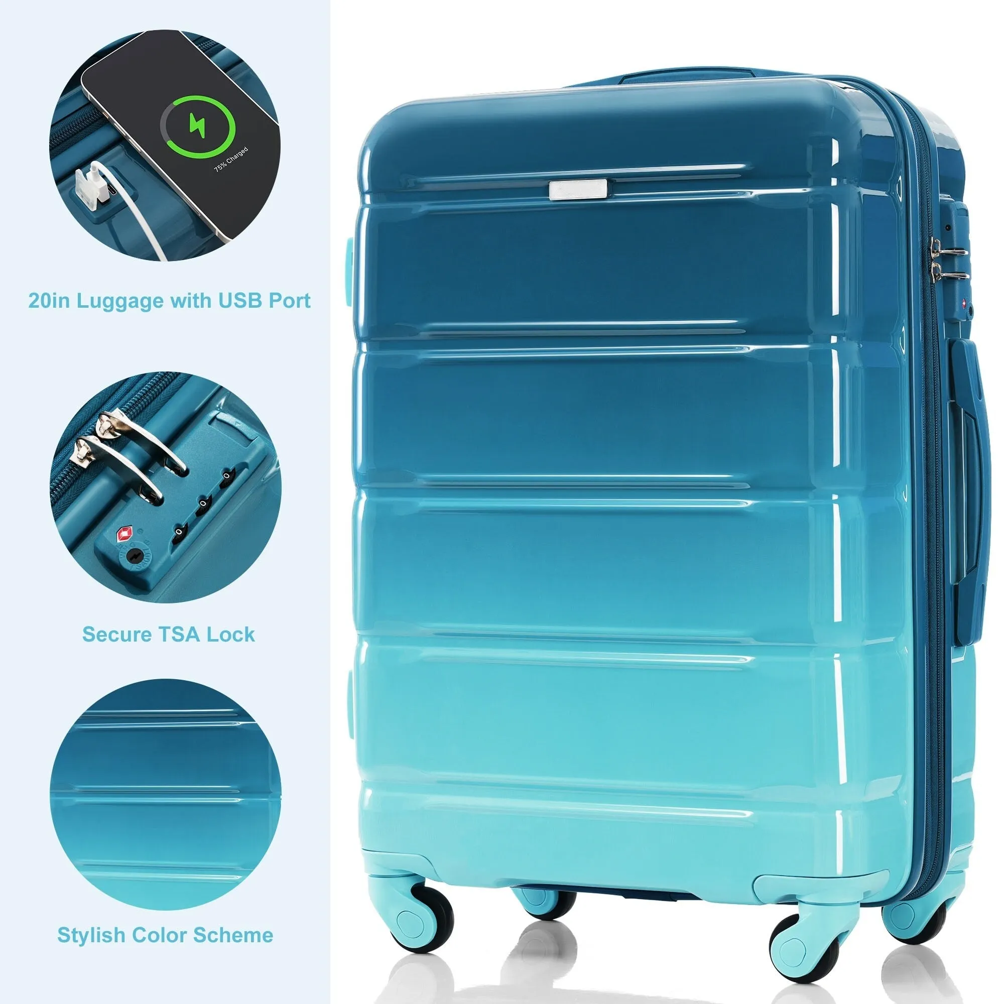 3 Piece Luggage Set with USB Port and Spinner Wheels, Hardsided Lightweight Suitcase with Mesh Pockets