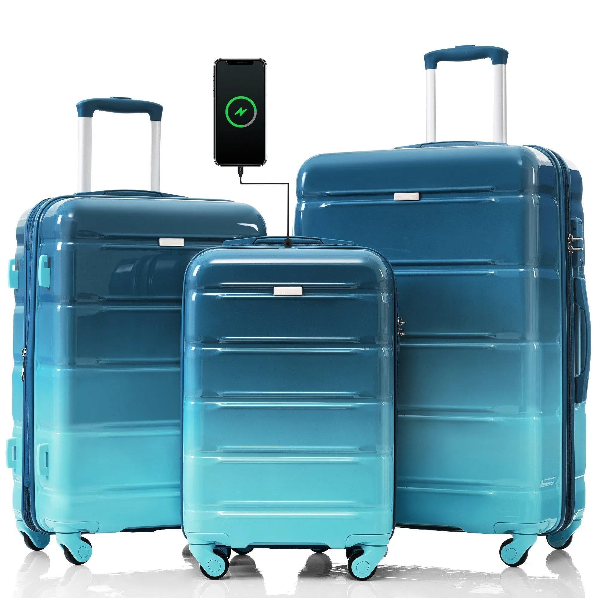 3 Piece Luggage Set with USB Port and Spinner Wheels, Hardsided Lightweight Suitcase with Mesh Pockets