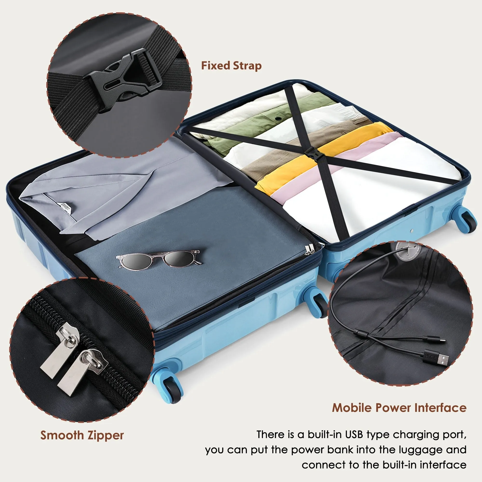 3 Piece Luggage Set with USB Port and Spinner Wheels, Hardsided Lightweight Suitcase with Mesh Pockets