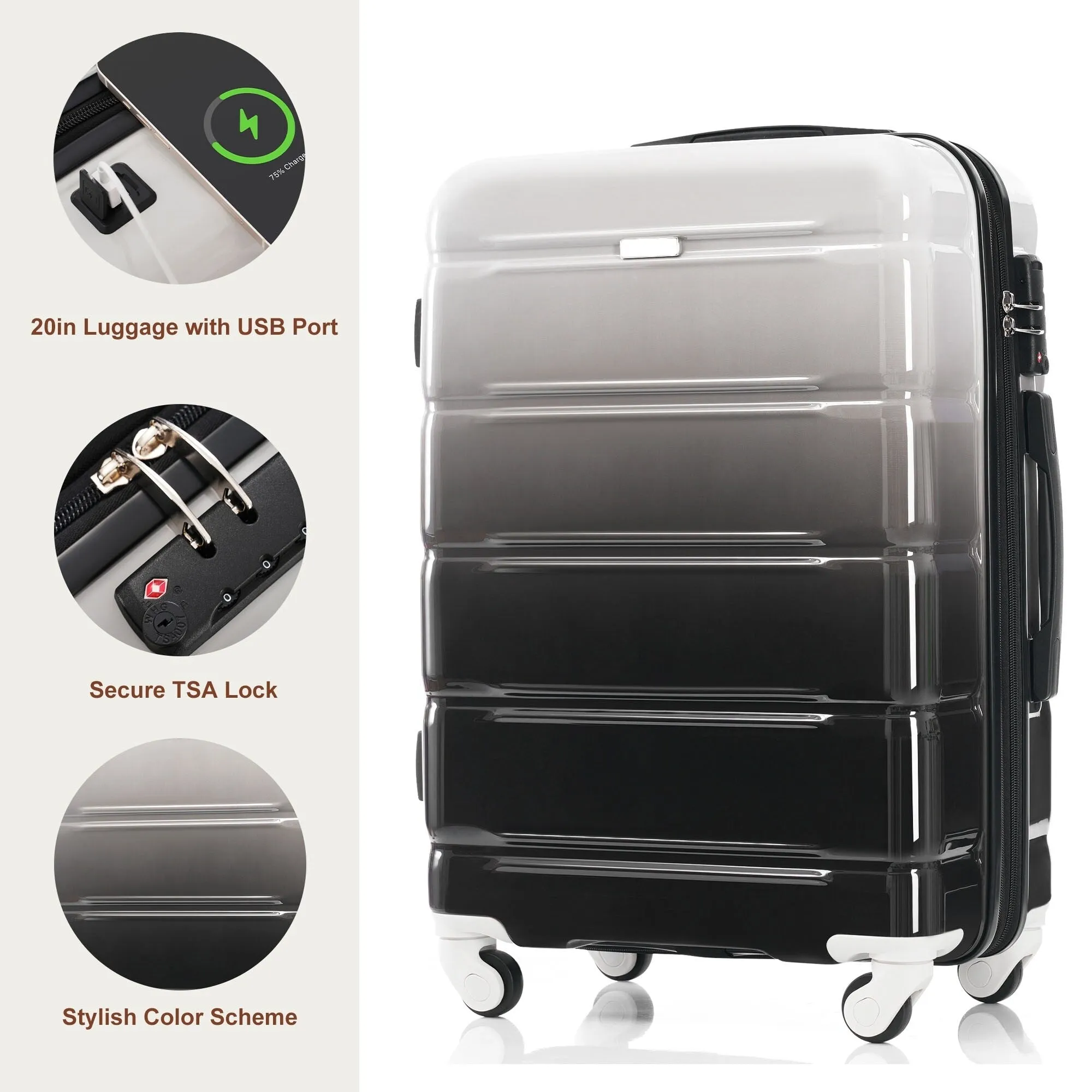 3 Piece Luggage Set with USB Port and Spinner Wheels, Hardsided Lightweight Suitcase with Mesh Pockets