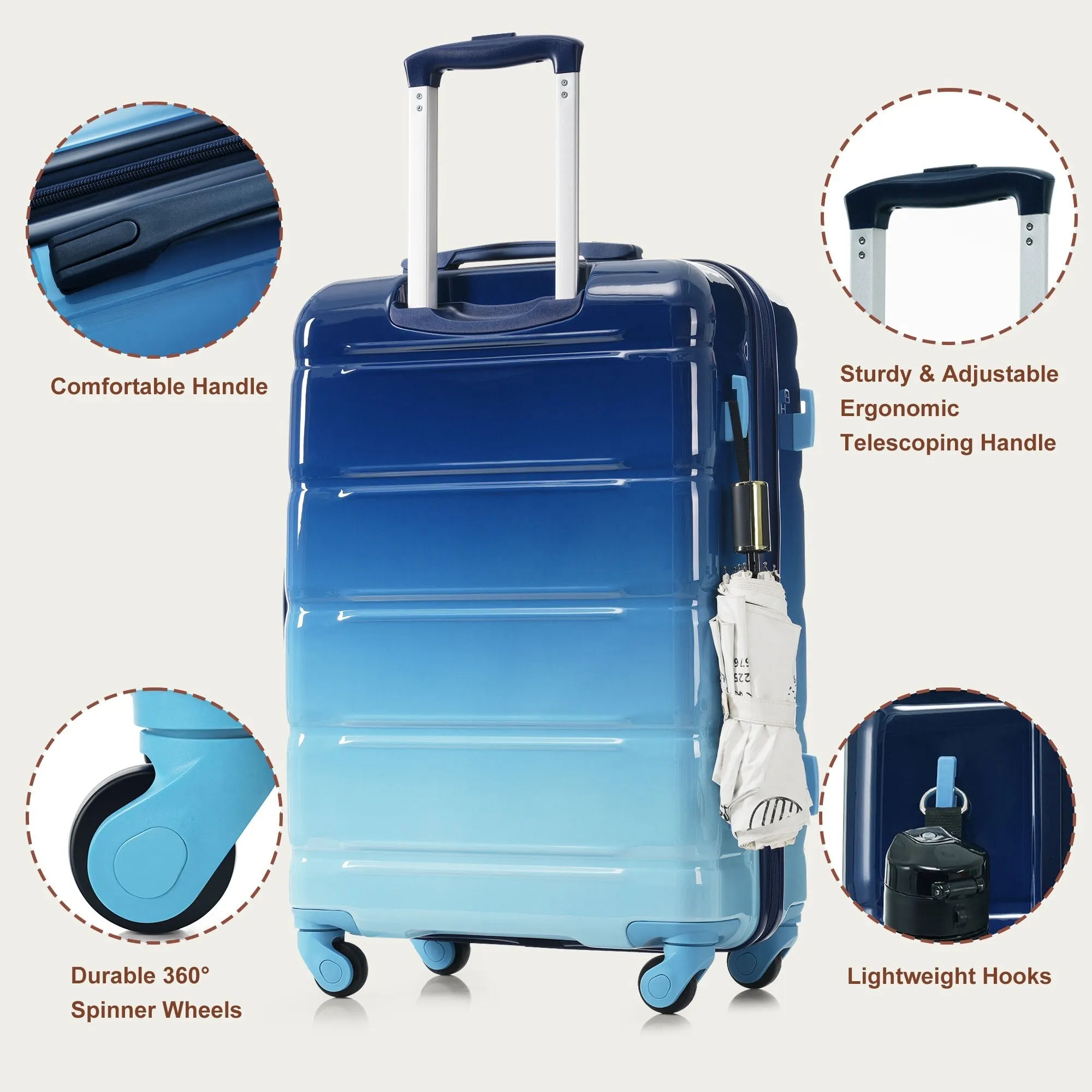 3 Piece Luggage Set with USB Port and Spinner Wheels, Hardsided Lightweight Suitcase with Mesh Pockets