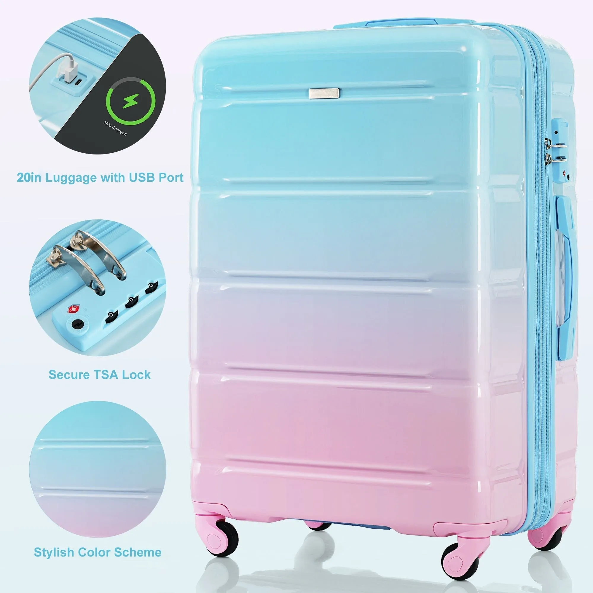 3 Piece Luggage Set with USB Port and Spinner Wheels, Hardsided Lightweight Suitcase with Mesh Pockets