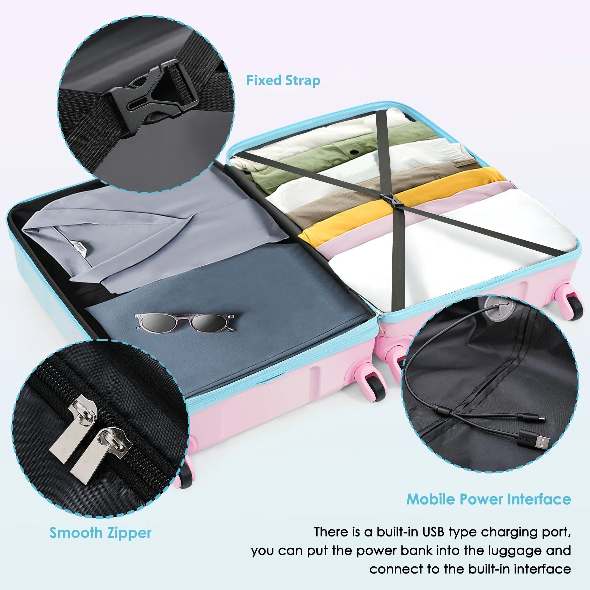 3 Piece Luggage Set with USB Port and Spinner Wheels, Hardsided Lightweight Suitcase with Mesh Pockets