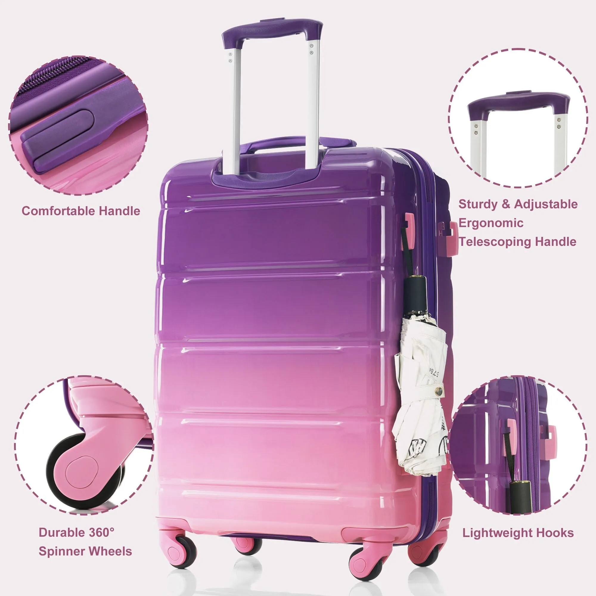 3 Piece Luggage Set with USB Port and Spinner Wheels, Hardsided Lightweight Suitcase with Mesh Pockets