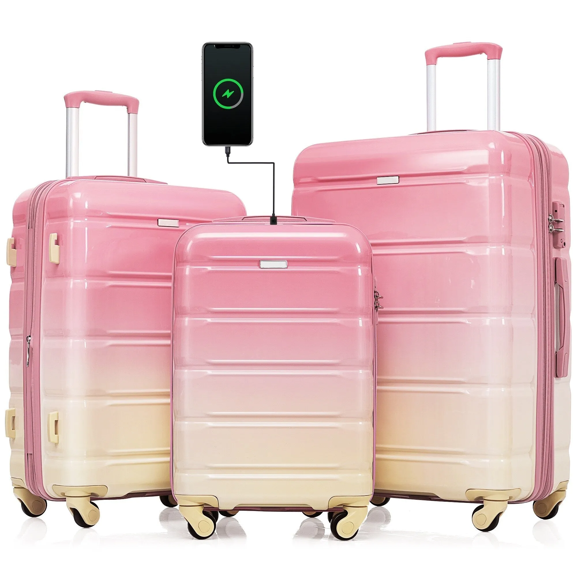 3 Piece Luggage Set with USB Port and Spinner Wheels, Hardsided Lightweight Suitcase with Mesh Pockets