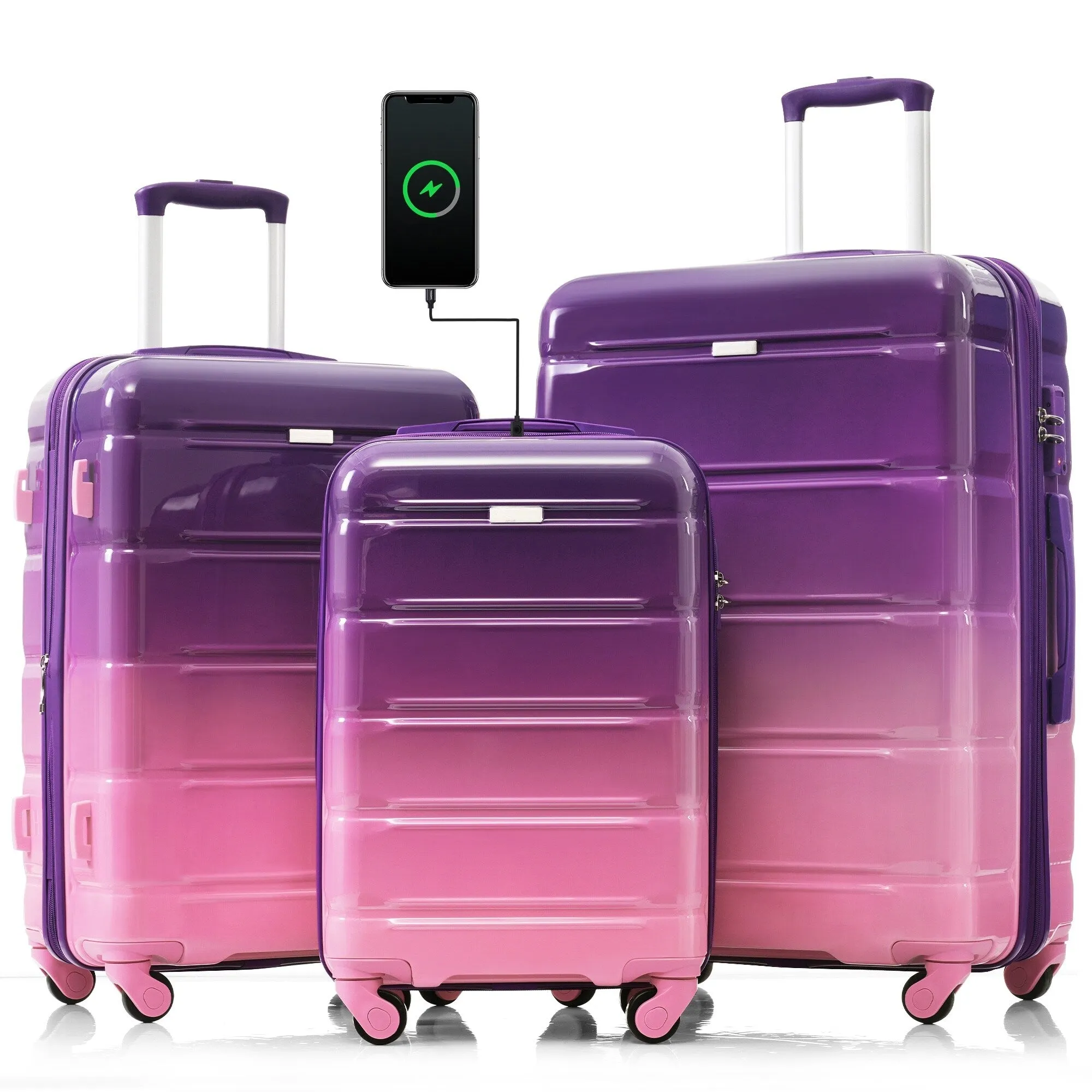 3 Piece Luggage Set with USB Port and Spinner Wheels, Hardsided Lightweight Suitcase with Mesh Pockets