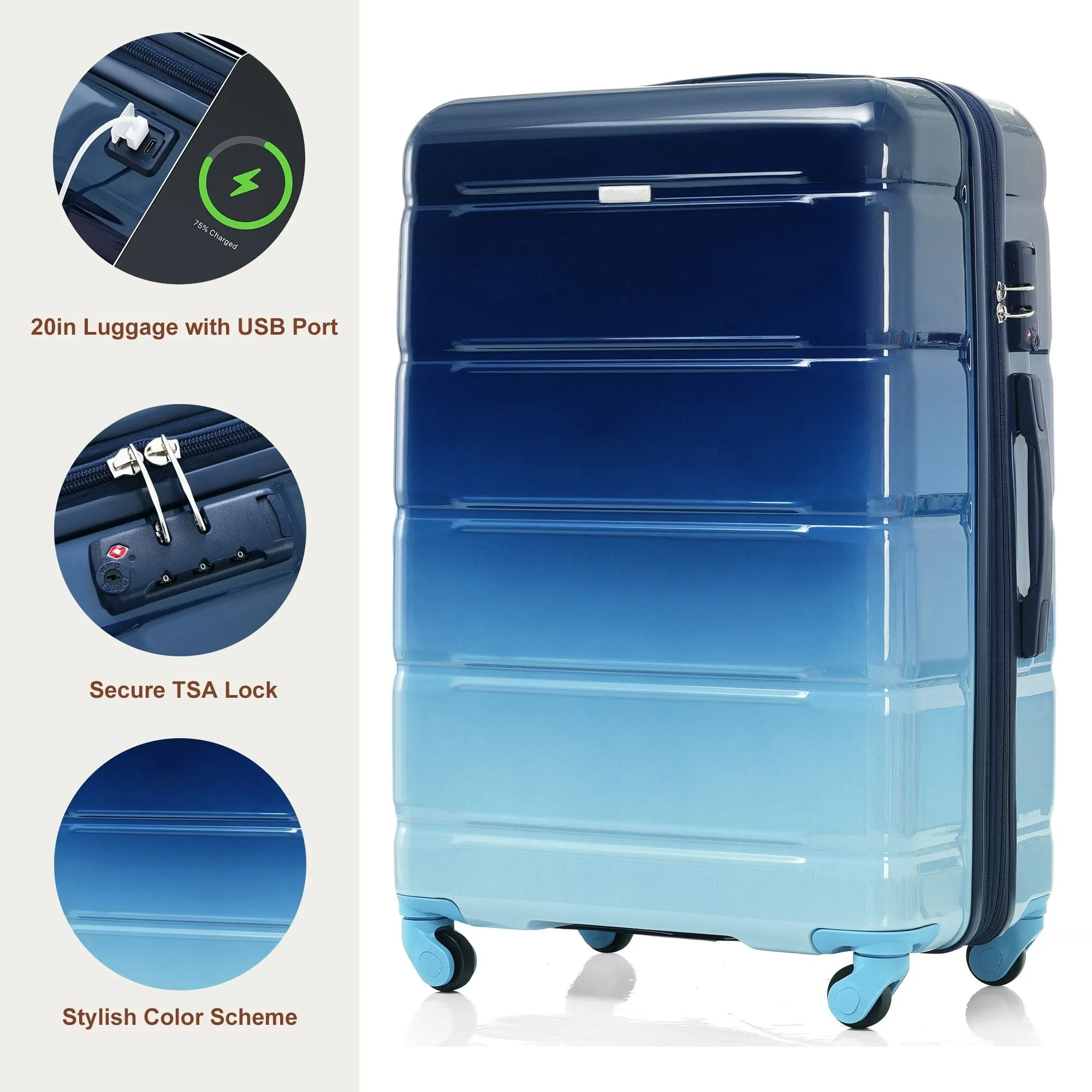 3 Piece Luggage Set with USB Port and Spinner Wheels, Hardsided Lightweight Suitcase with Mesh Pockets