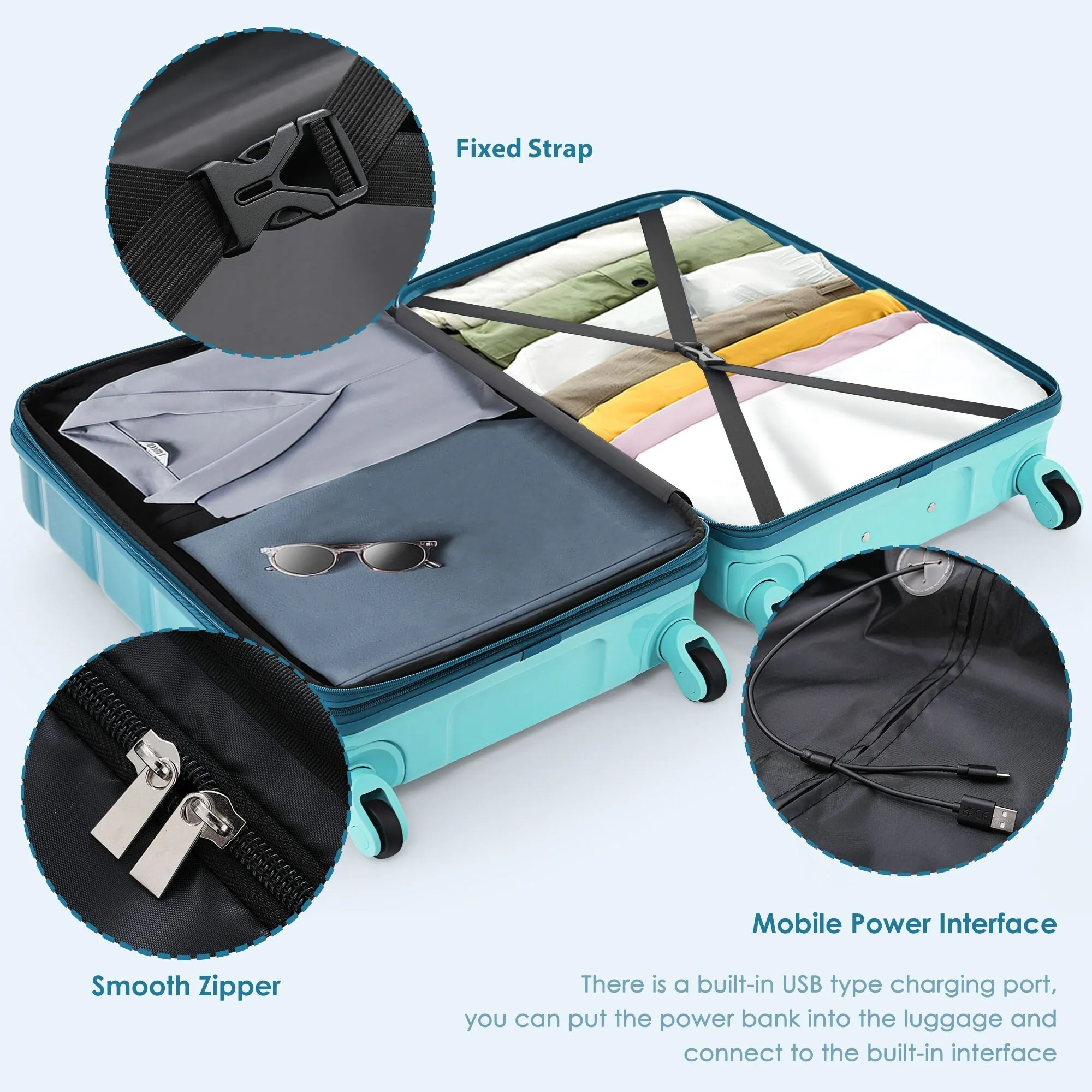 3 Piece Luggage Set with USB Port and Spinner Wheels, Hardsided Lightweight Suitcase with Mesh Pockets
