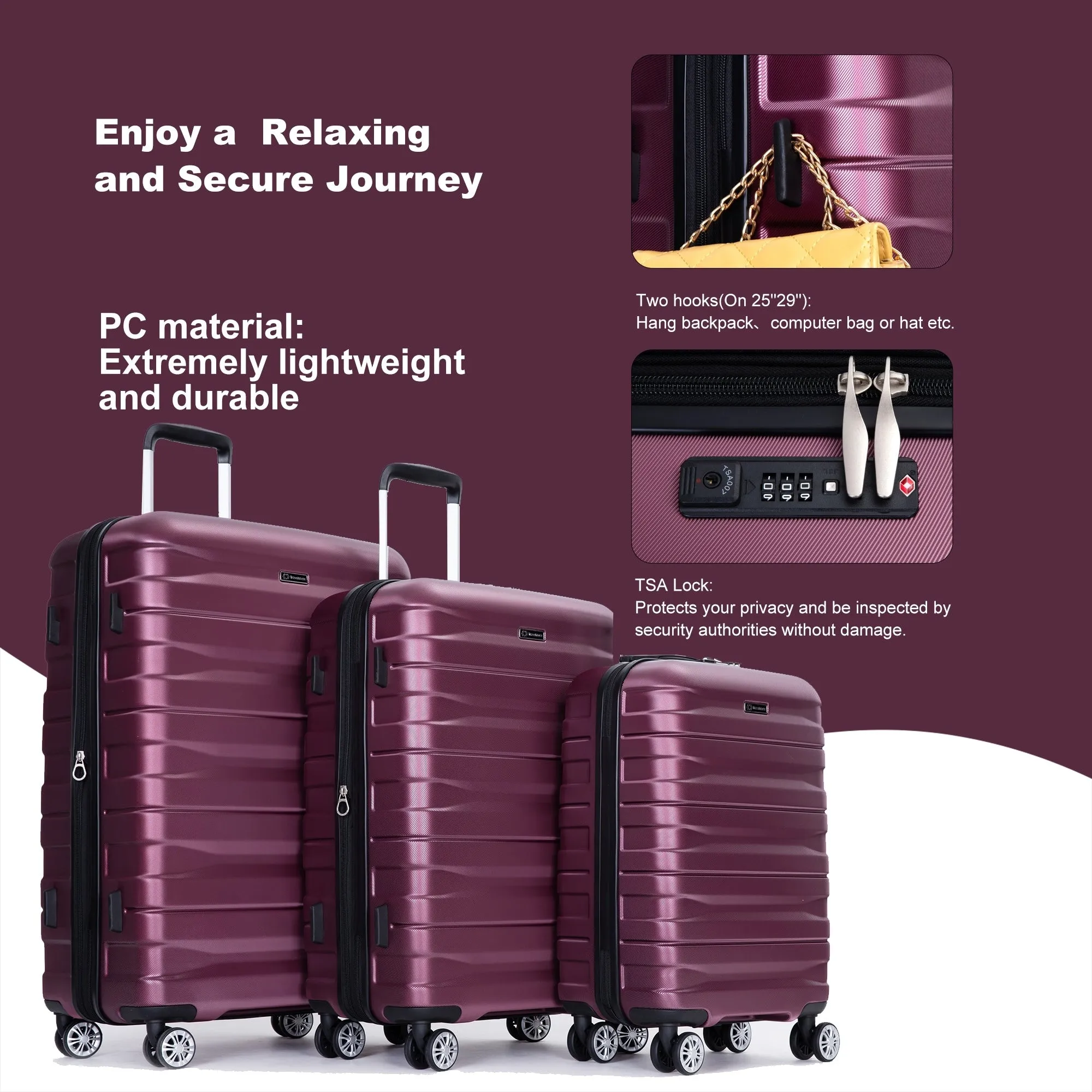 3 Piece Luggage Sets PC Lightweight & Durable