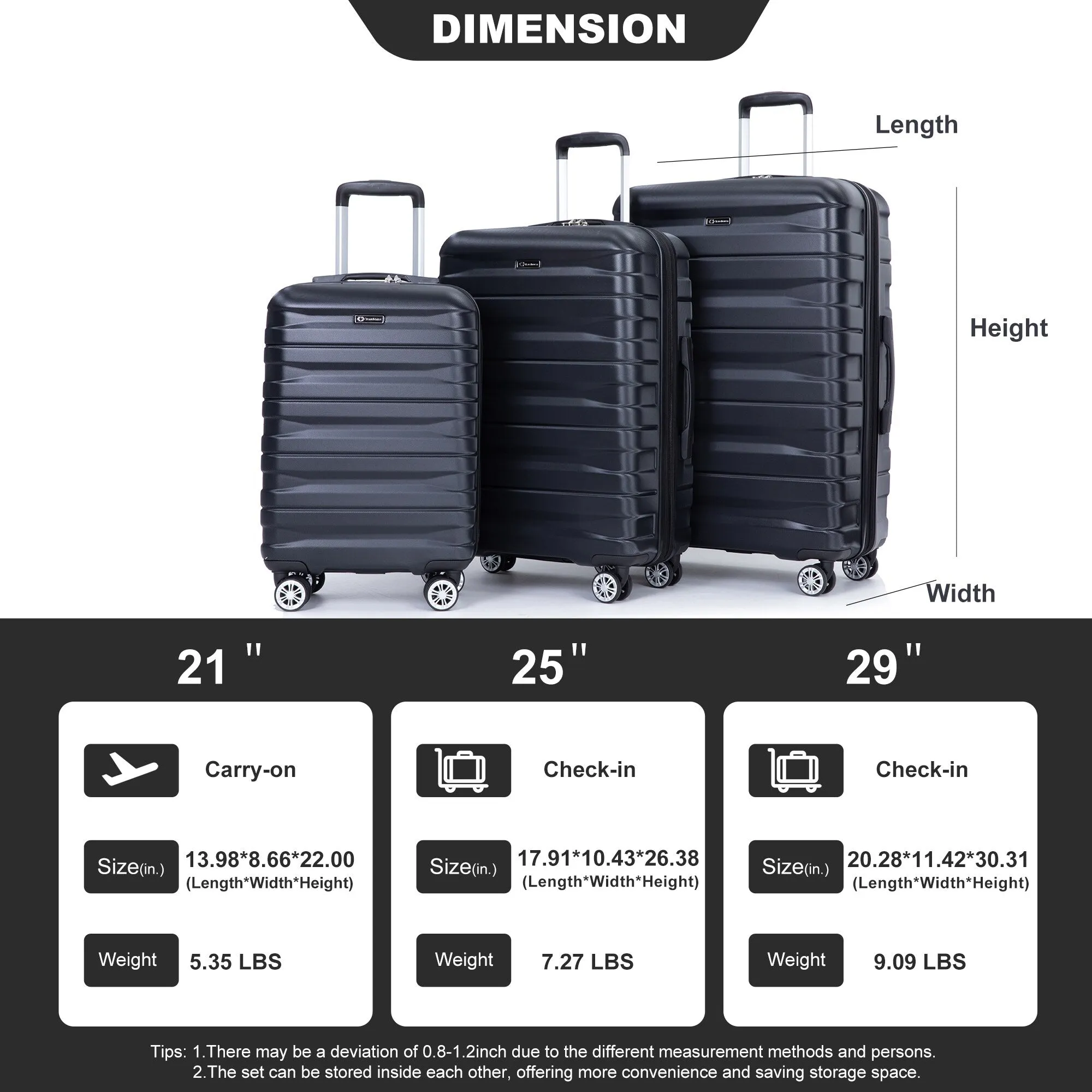 3 Piece Luggage Sets PC Lightweight & Durable