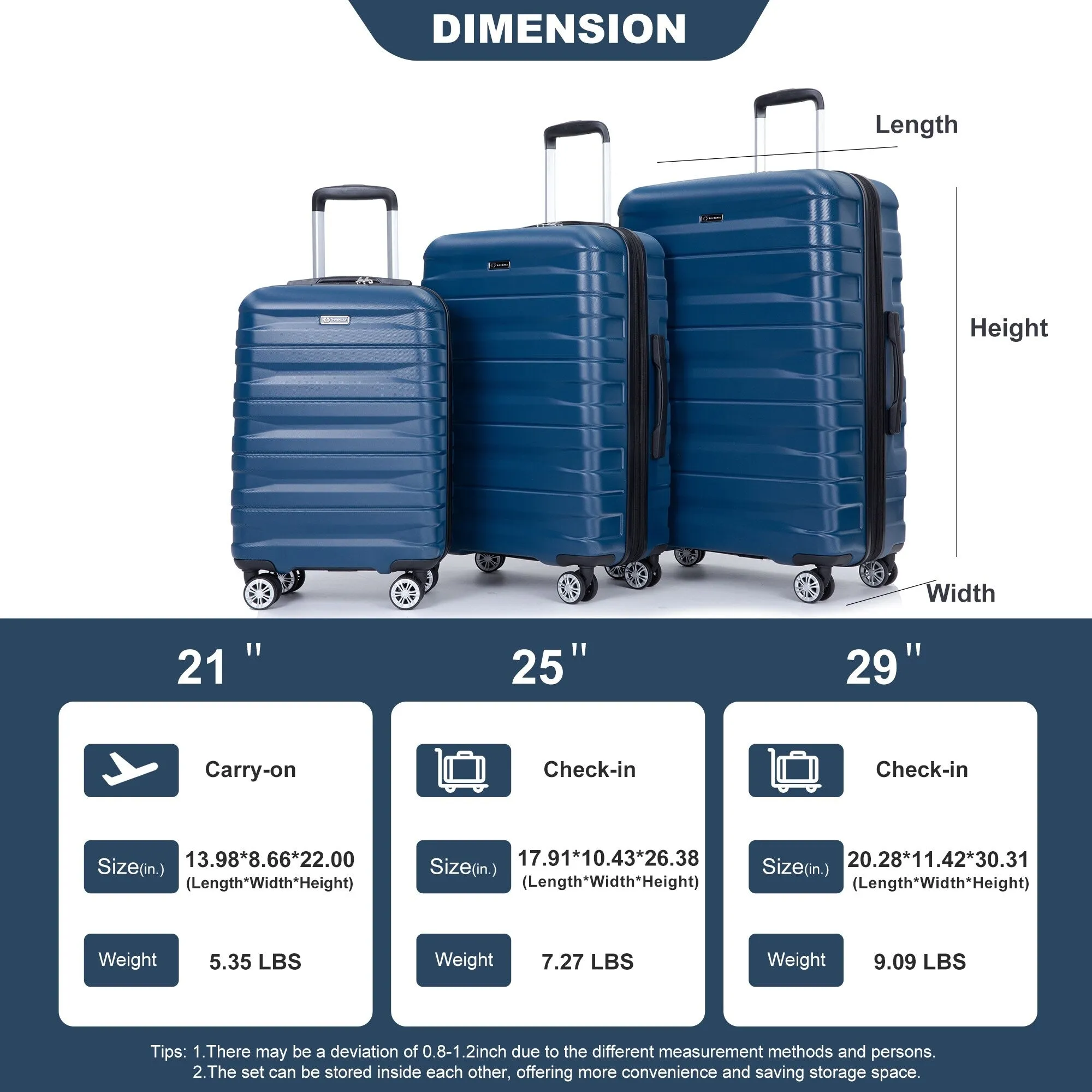 3 Piece Luggage Sets PC Lightweight & Durable