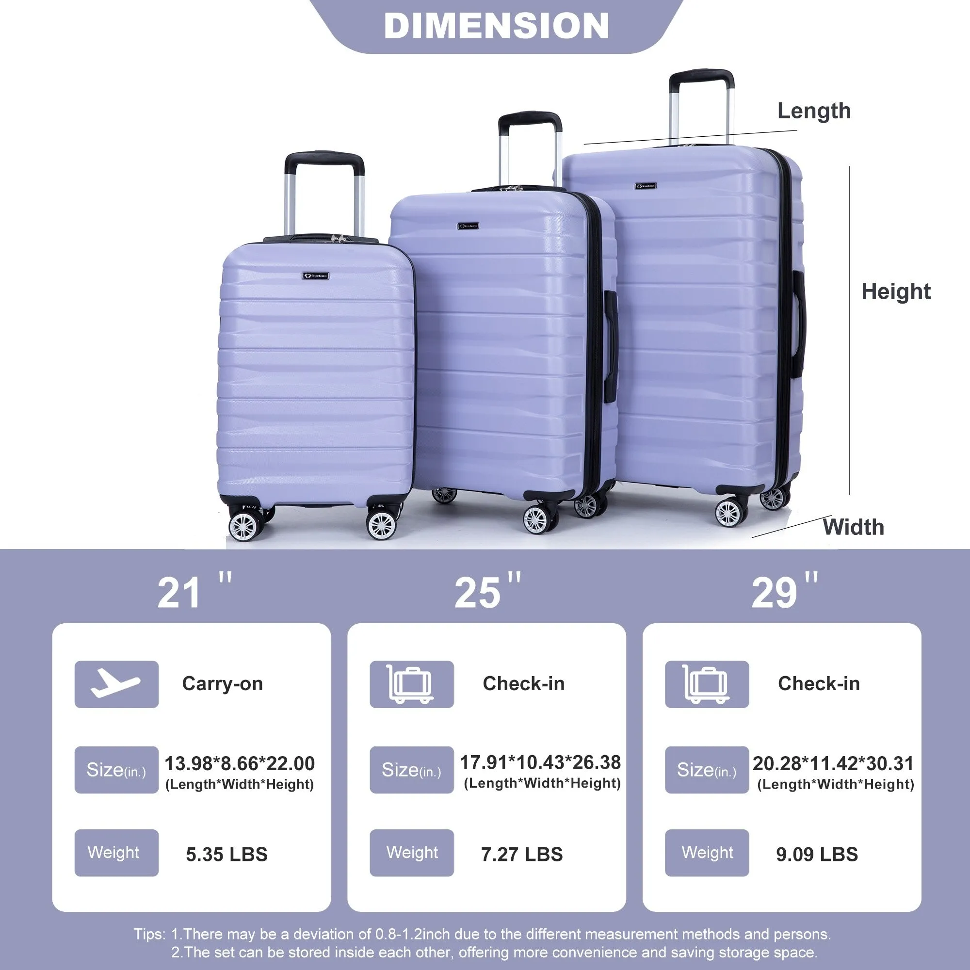 3 Piece Luggage Sets PC Lightweight & Durable